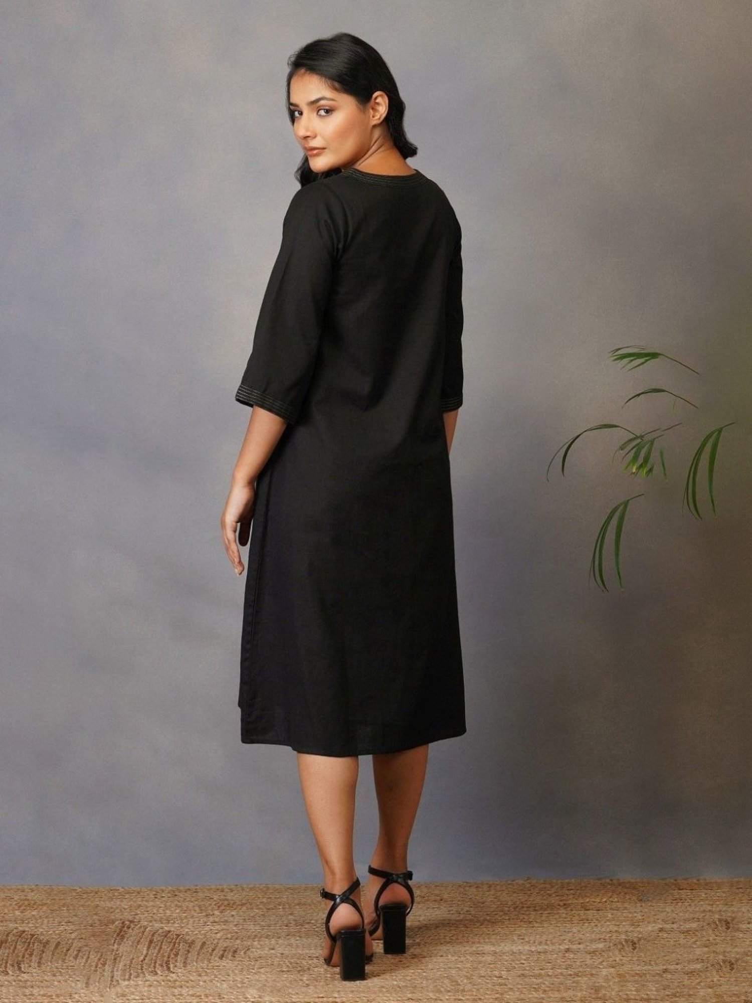 Akiso Bakhair Black A Line Dress With Handblock Ajrak Patch Work