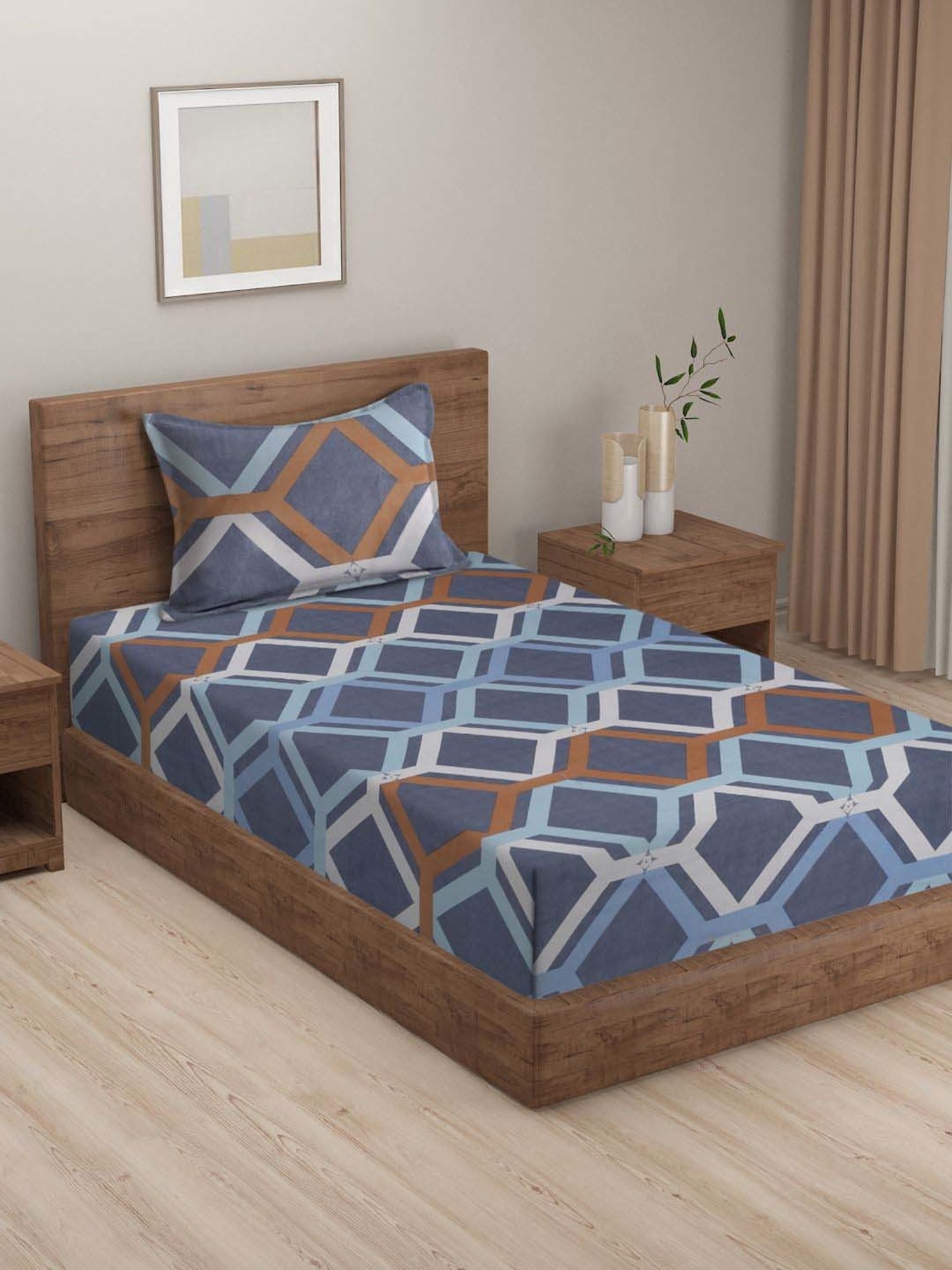 HOSTA HOMES Blue Cotton 280 TC Single Bedsheet with 1 Pillow cover