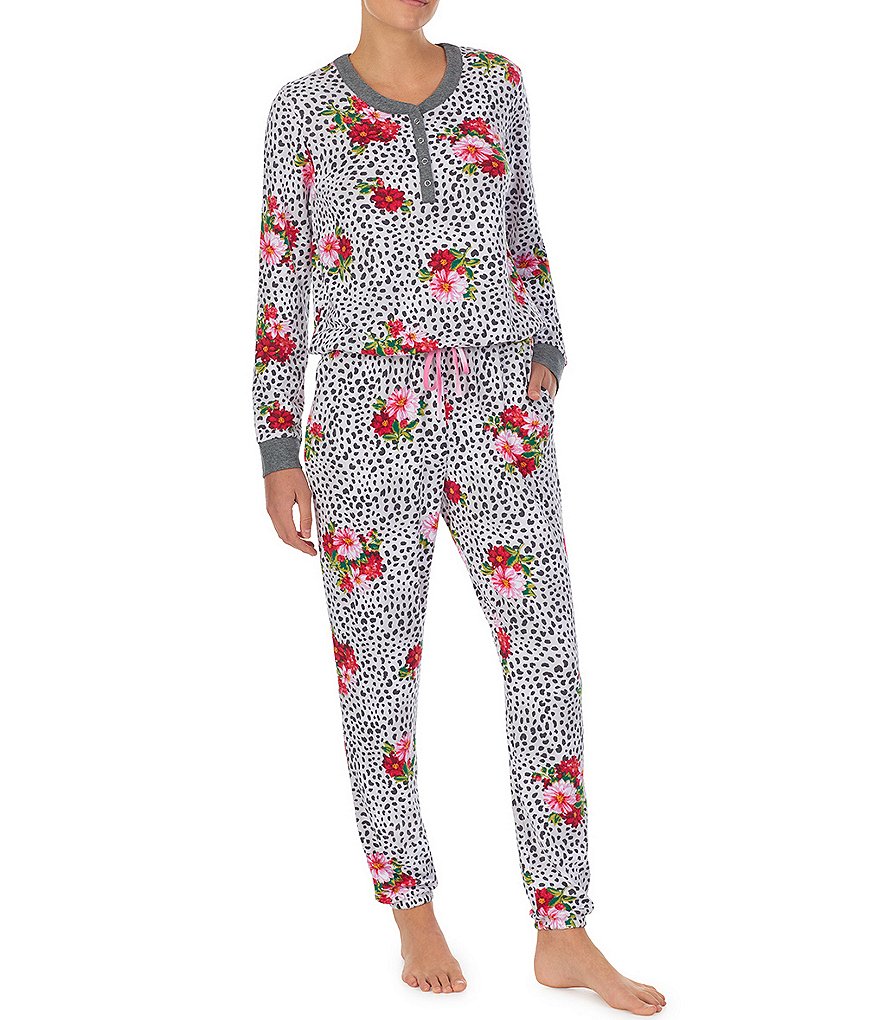 Kensie Animal & Floral Printed Long Sleeve Jersey Knit Lounge Jumpsuit