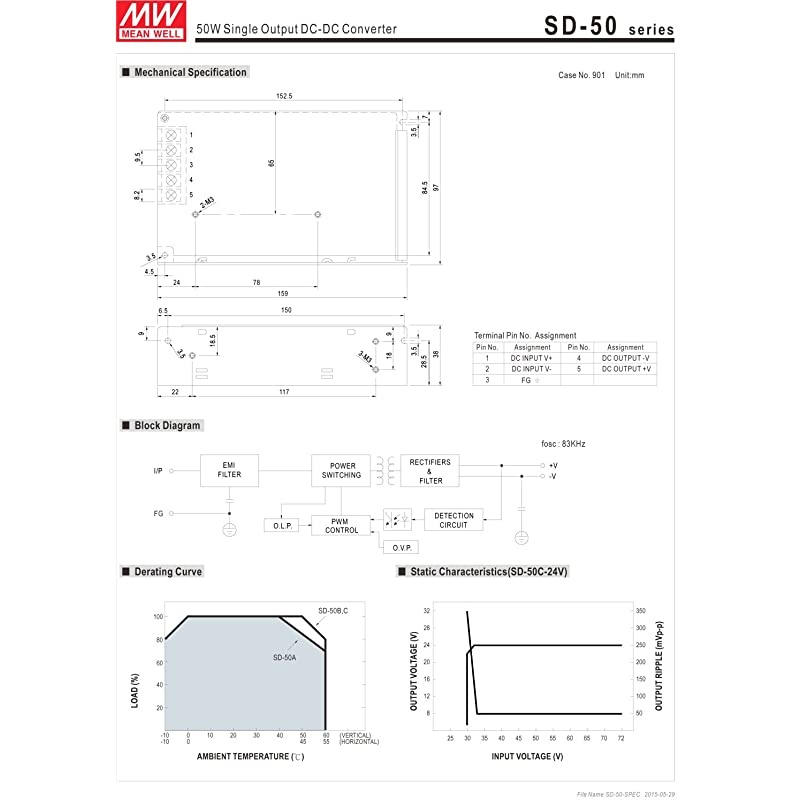 SD-50A-24 Power Supply, Single Output, 24 Volt, 2.1 A, 50.4 W, 5-Pin, 6.3" L x 3.8" W x 1.5" H