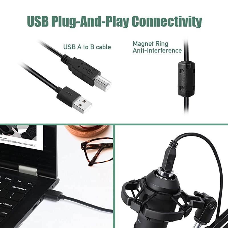 USB Streaming Podcast PC Microphone  professional 192KHZ24Bit Studio Cardioid Condenser Mic Kit with sound card Boom Arm Shock Mount Pop Filter for Skype YouTuber Karaoke Gaming Recording