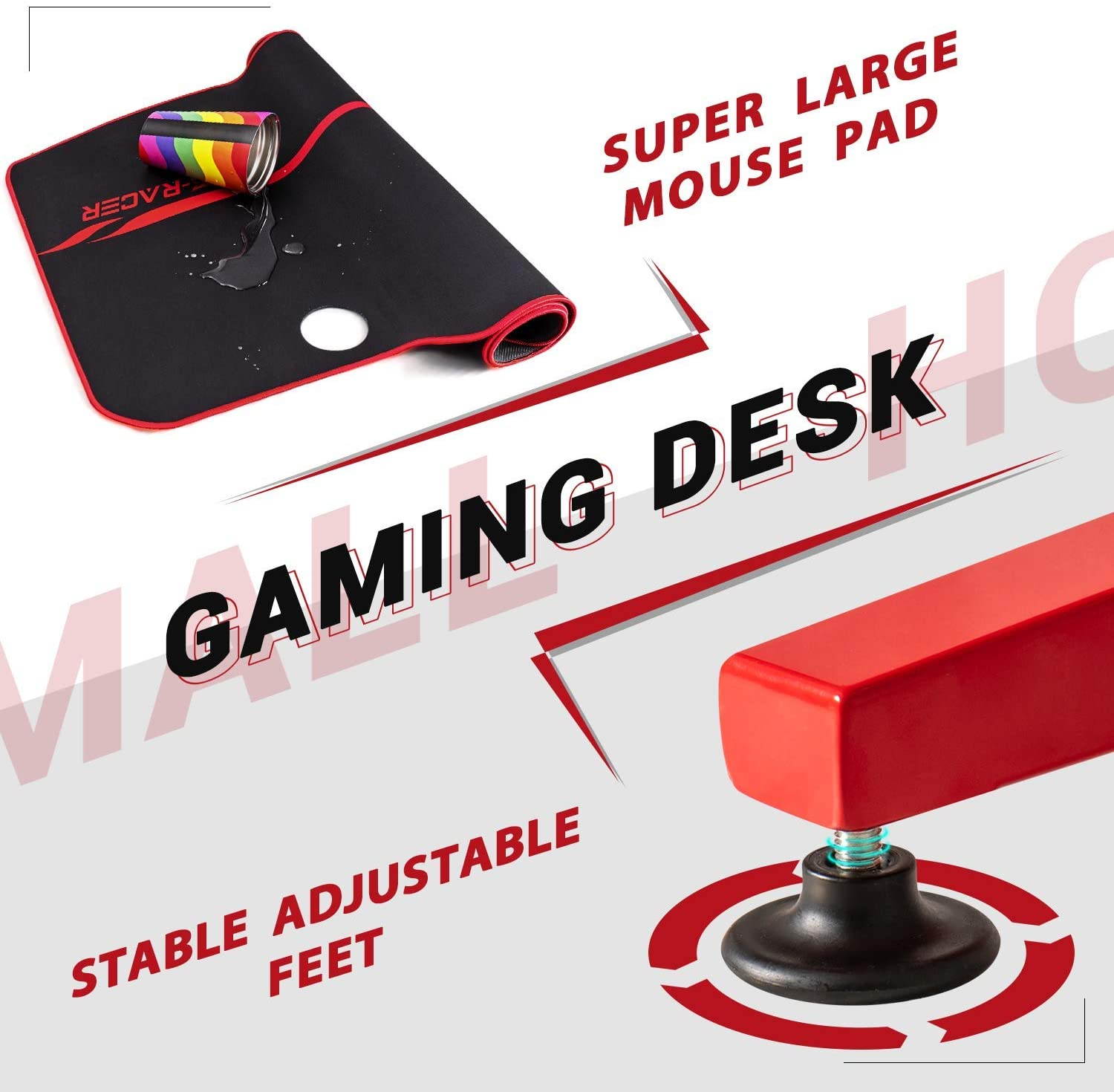 Homall 55 Inch Ergonomic Gaming Desk PC Computer Desk Home Office Table T-shaped Frame Table for Pressional Game Lover with Free Mouse Pad, Headphone Hook, Game Handle Rack and Cup Holder (Red)