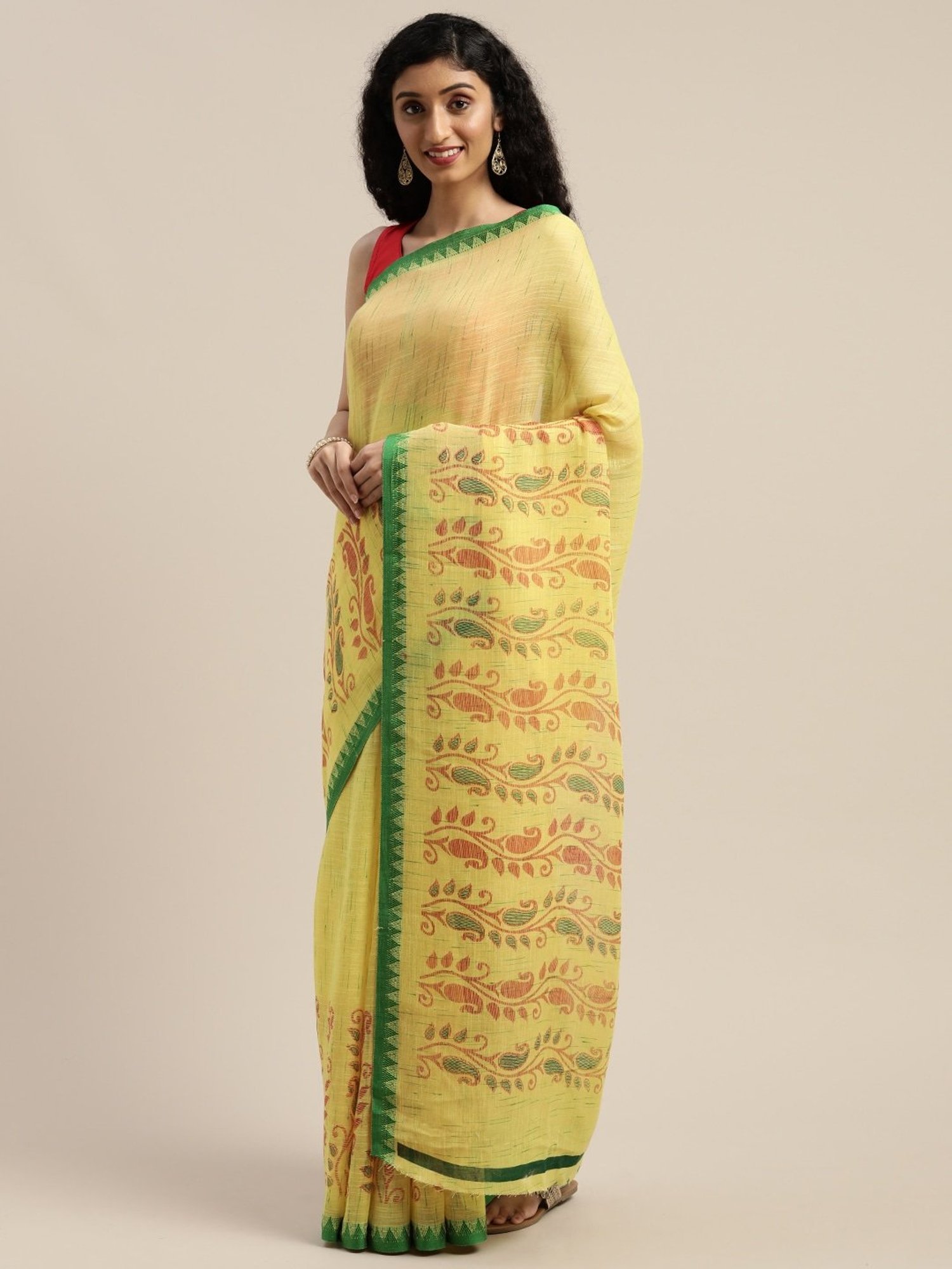 Vaamsi Yellow Printed Saree With Unstitched Blouse