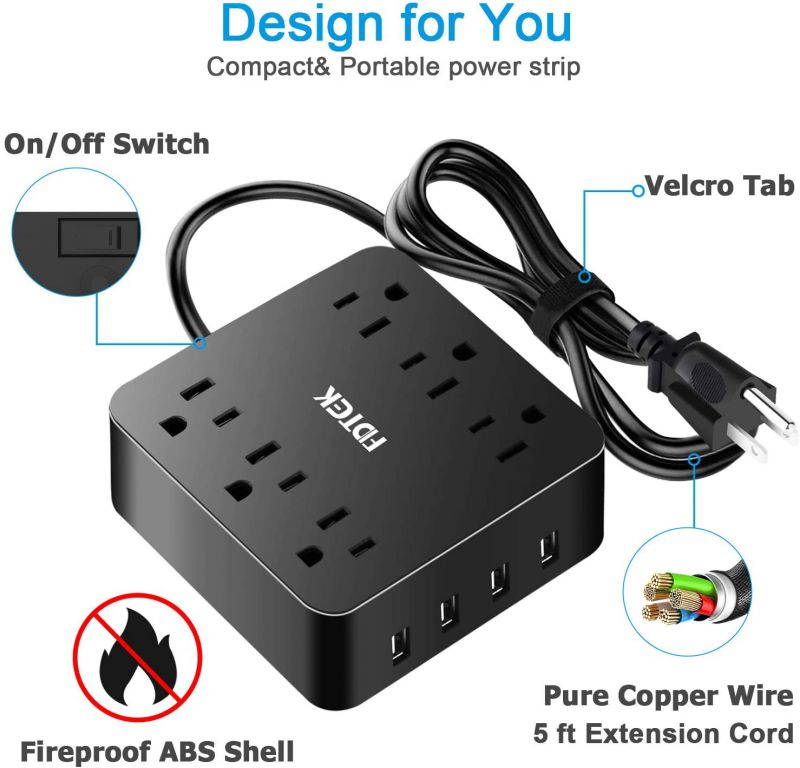 Power Strip Surge Protector with 4 USB Charging Ports and 6 AC Outlet, Desktop Charging Station with 4.6 ft Extension Cord, Circuit Breaker Safeguard Home&Office Accessories, Portable for Travel-Black