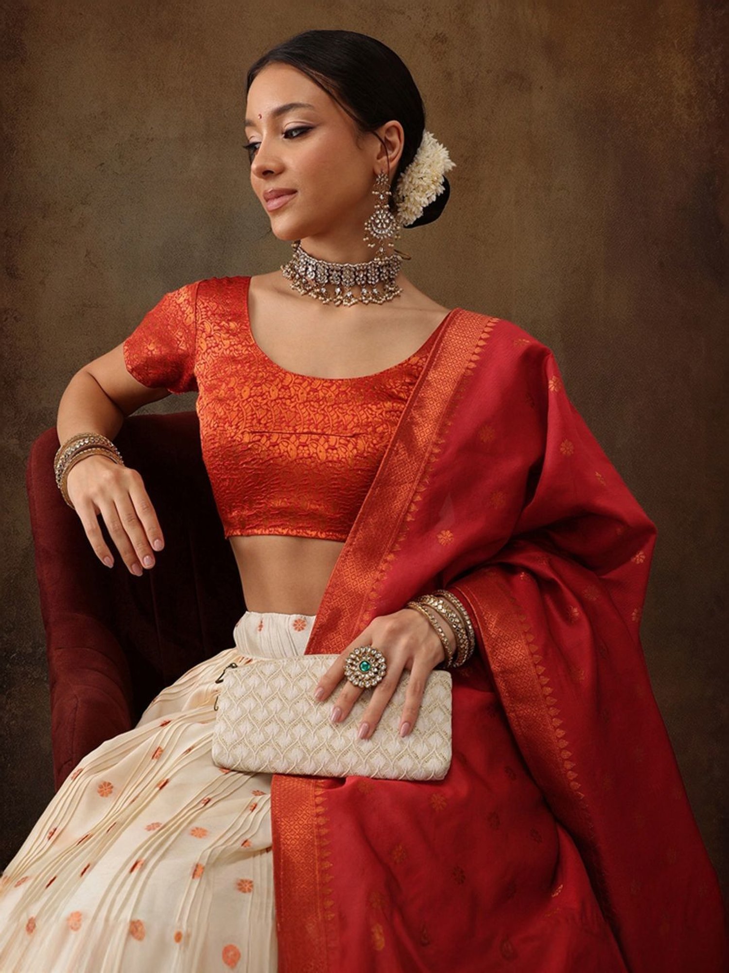 Silk Land Beige & Red Woven Pattern Semi Stitched Lehenga Choli Set With Duppata