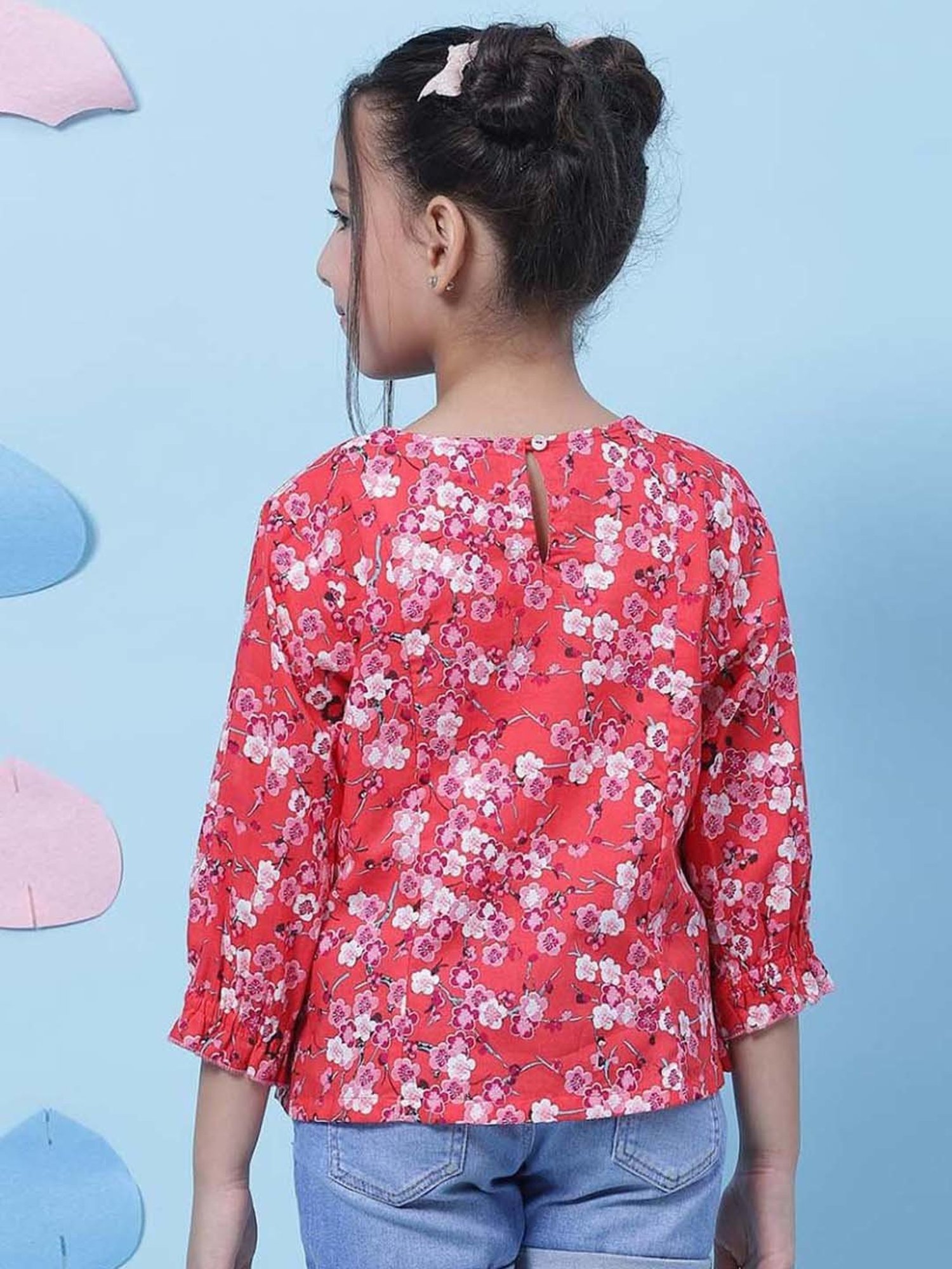 Biba Kids Red & Pink Cotton Floral Print Top