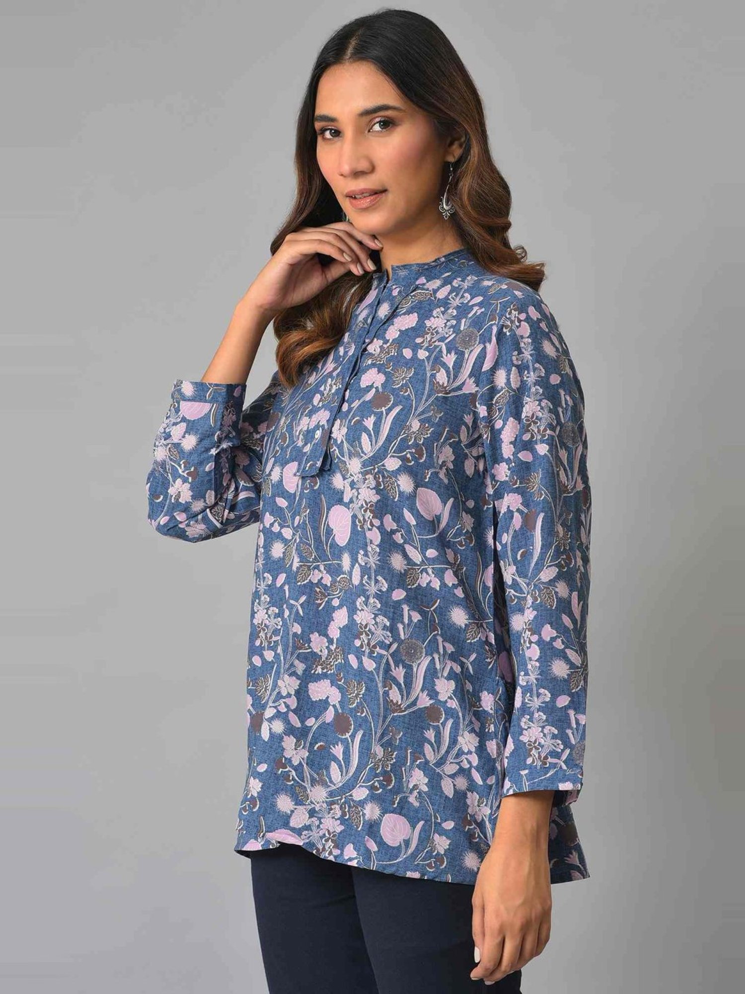 W Blue Floral Print Top