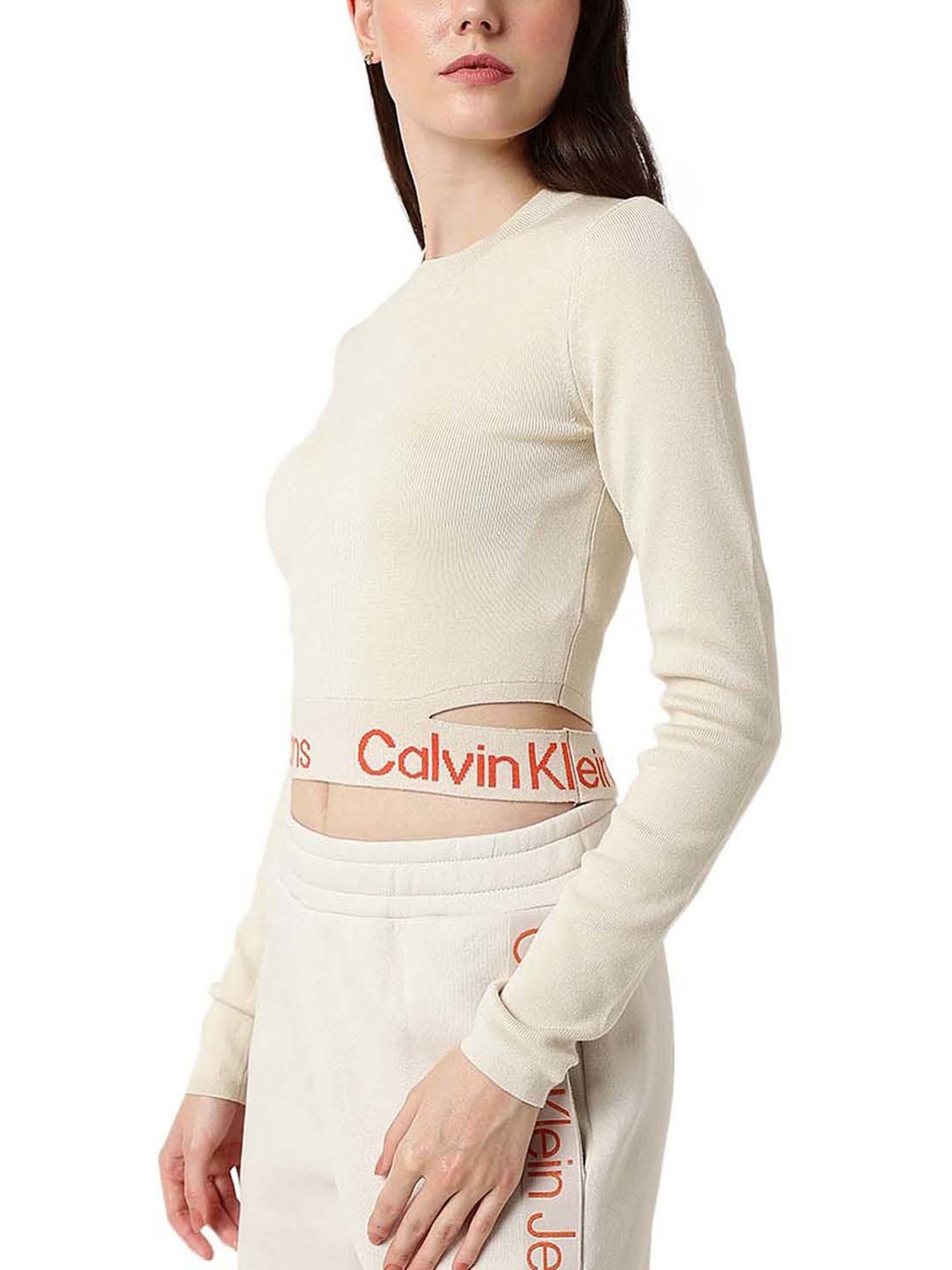 Calvin Klein Jeans Eggshell & Coral Orange Logo Comfort Fit Sweater