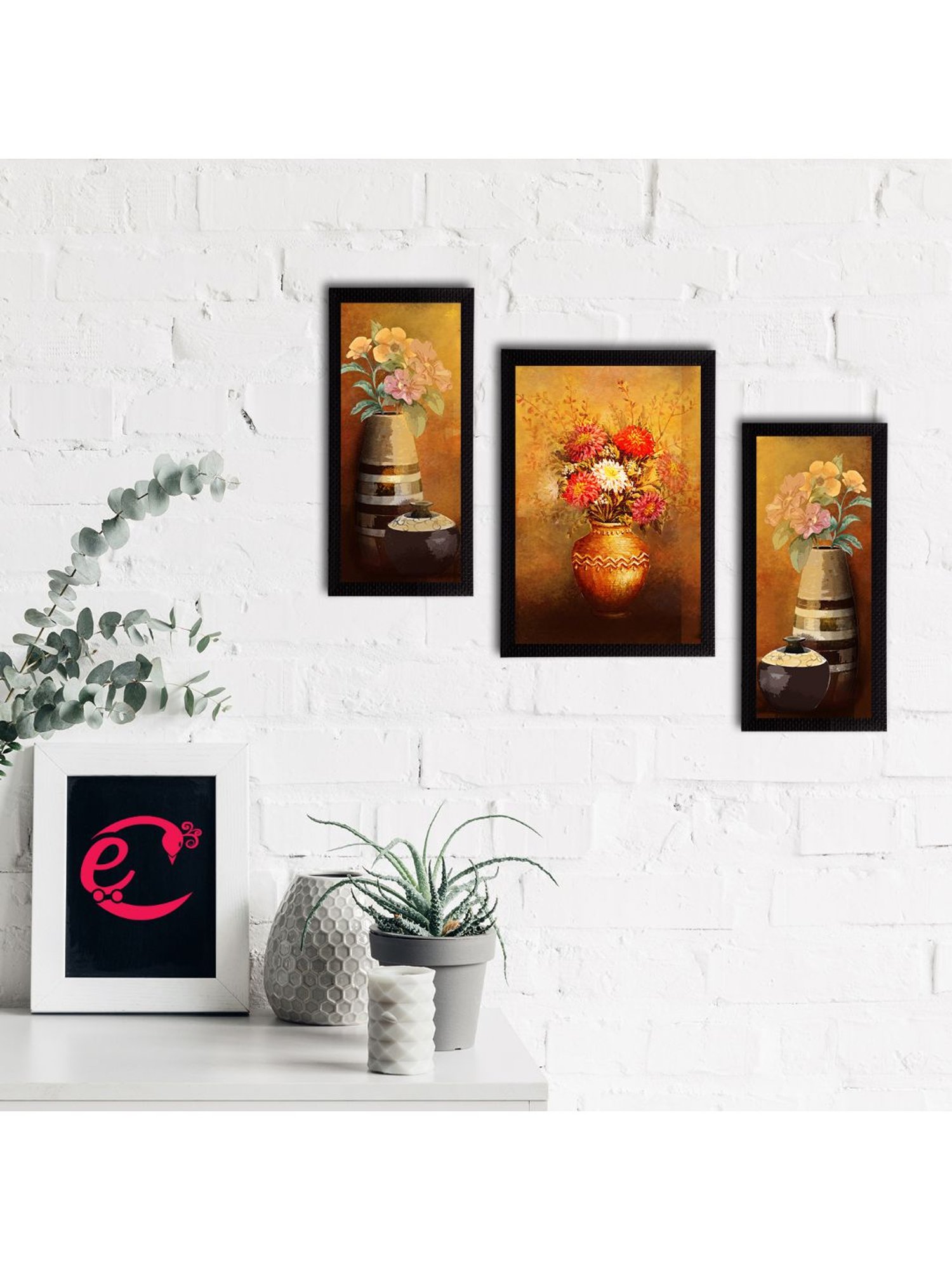 eCraftIndia Set of 3 Botanical and Floral Satin Matt Textured UV Art Painting