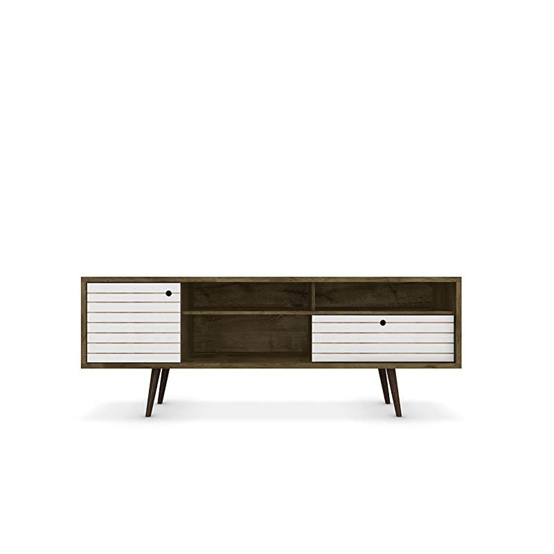 Liberty Collection Mid Century Modern TV Stand With Three Shelves, One Cabinet and One Drawer With Splayed Legs, Wood/White