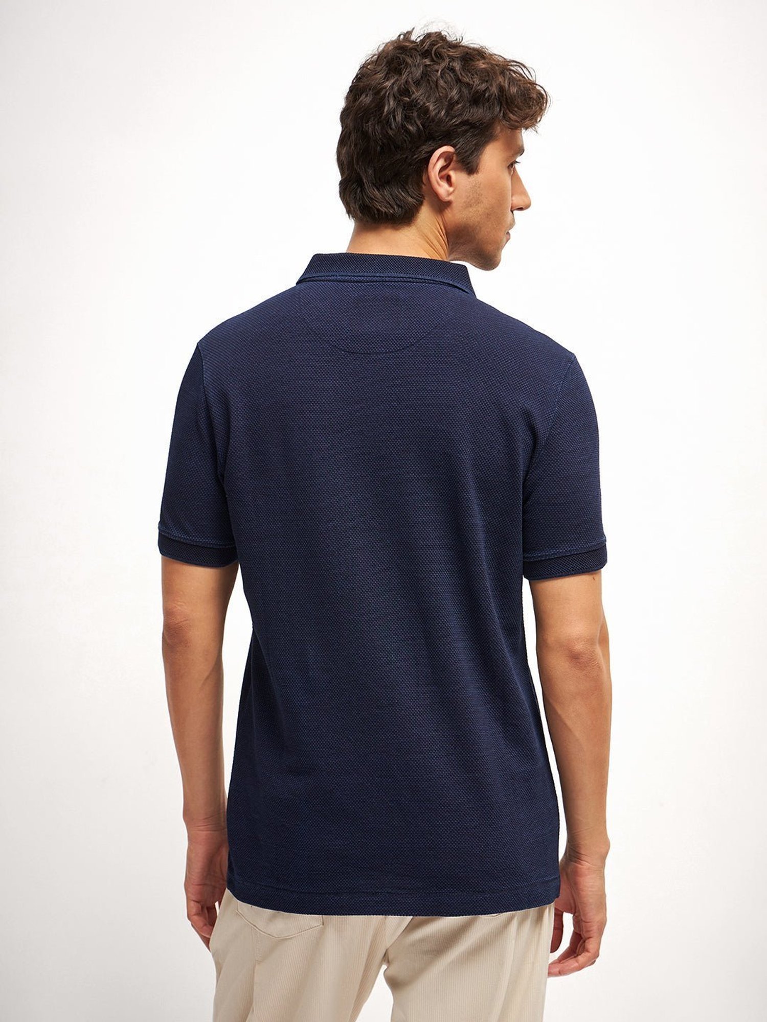 The Bear House Blue Cotton Regular Fit Self Pattern Polo T-Shirt