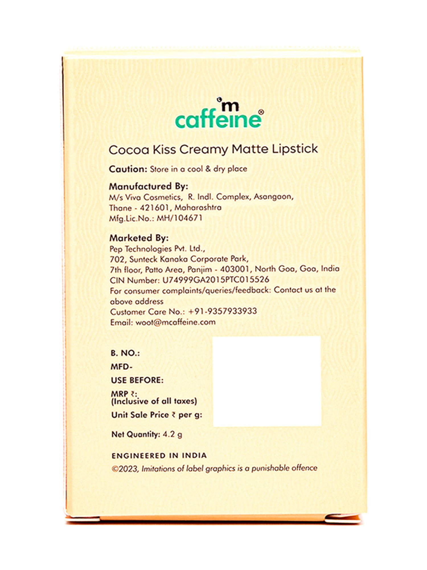 mCaffeine Cocoa Kiss Creamy Matte Lipstick Caramel Marvel - 4.2 gm