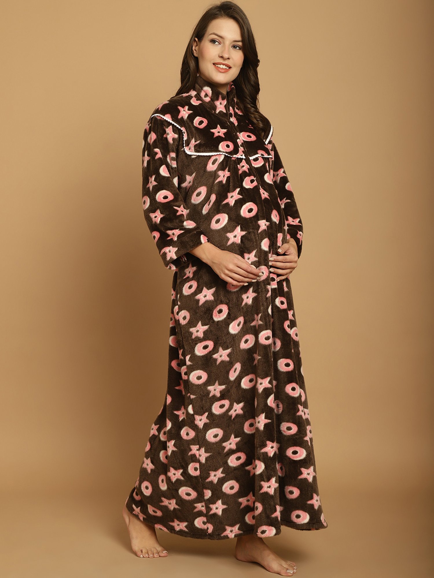Secret Wish Brown Printed Maternity Night Dress