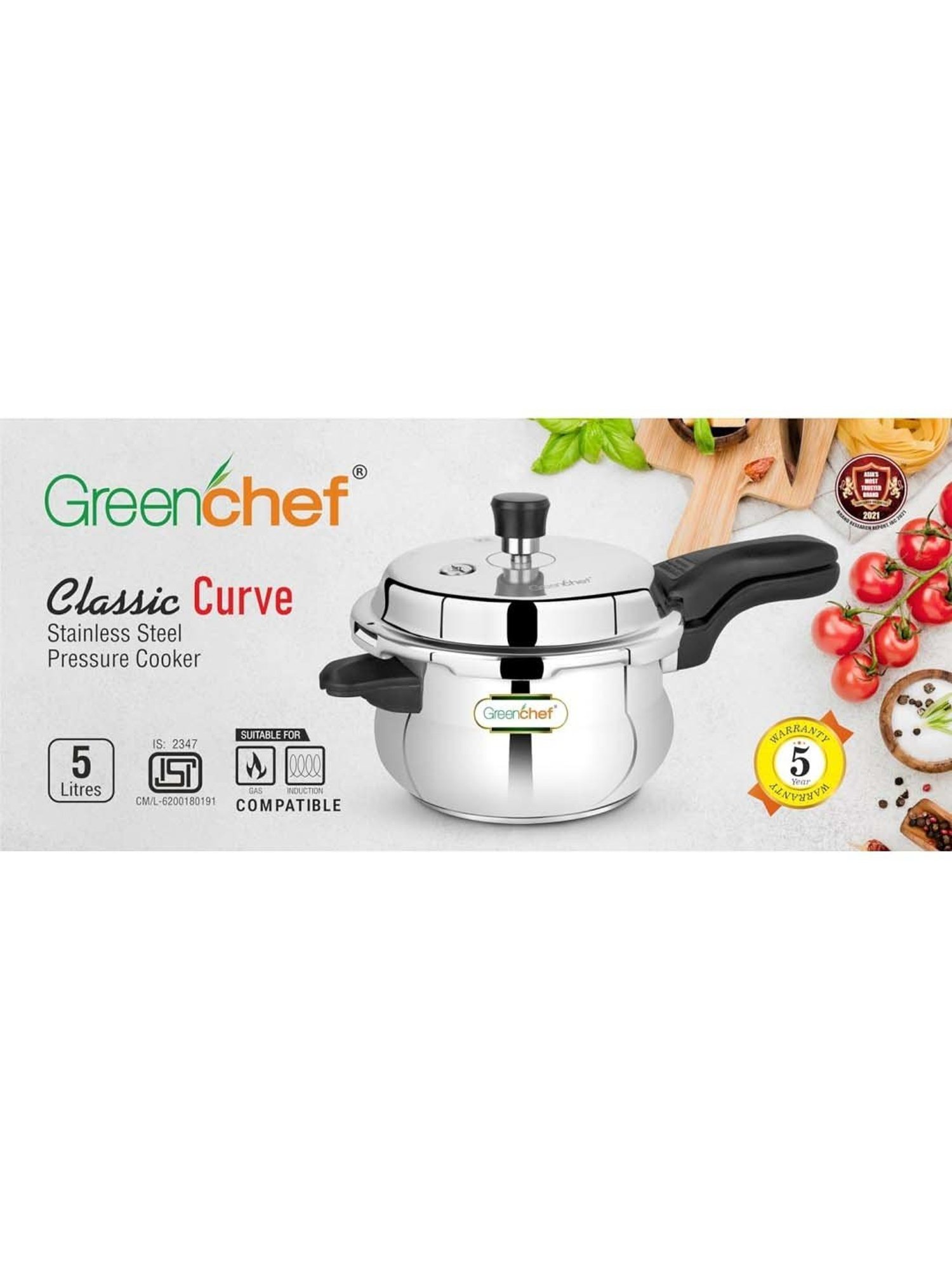 Greenchef Classic Curve Silver Stainless Steel Induction Bottom Pressure Cooker (5 L)