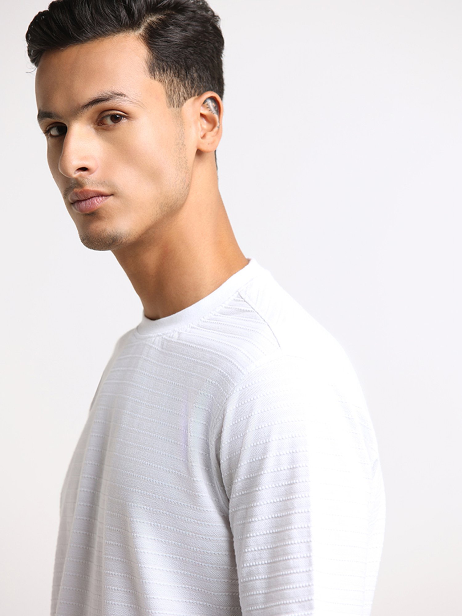 WES Lounge by Westside White Self-Striped Relaxed Fit T-Shirt