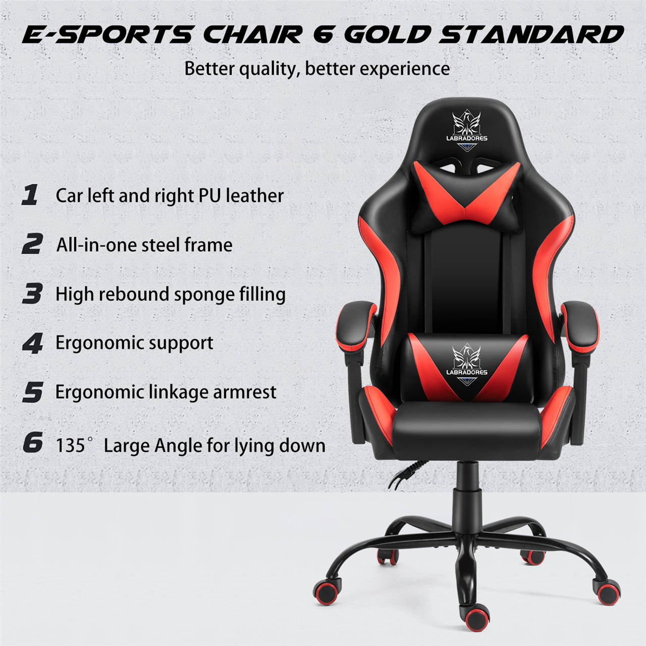 Labradores Gaming Chairs Ergonomic Office Chair Computer Game Recliner High-Back Racing Style Desk Chair Adjustable Backrest and Seat Height Swivel Rocker Headrest and Lumbar (Black/Red)