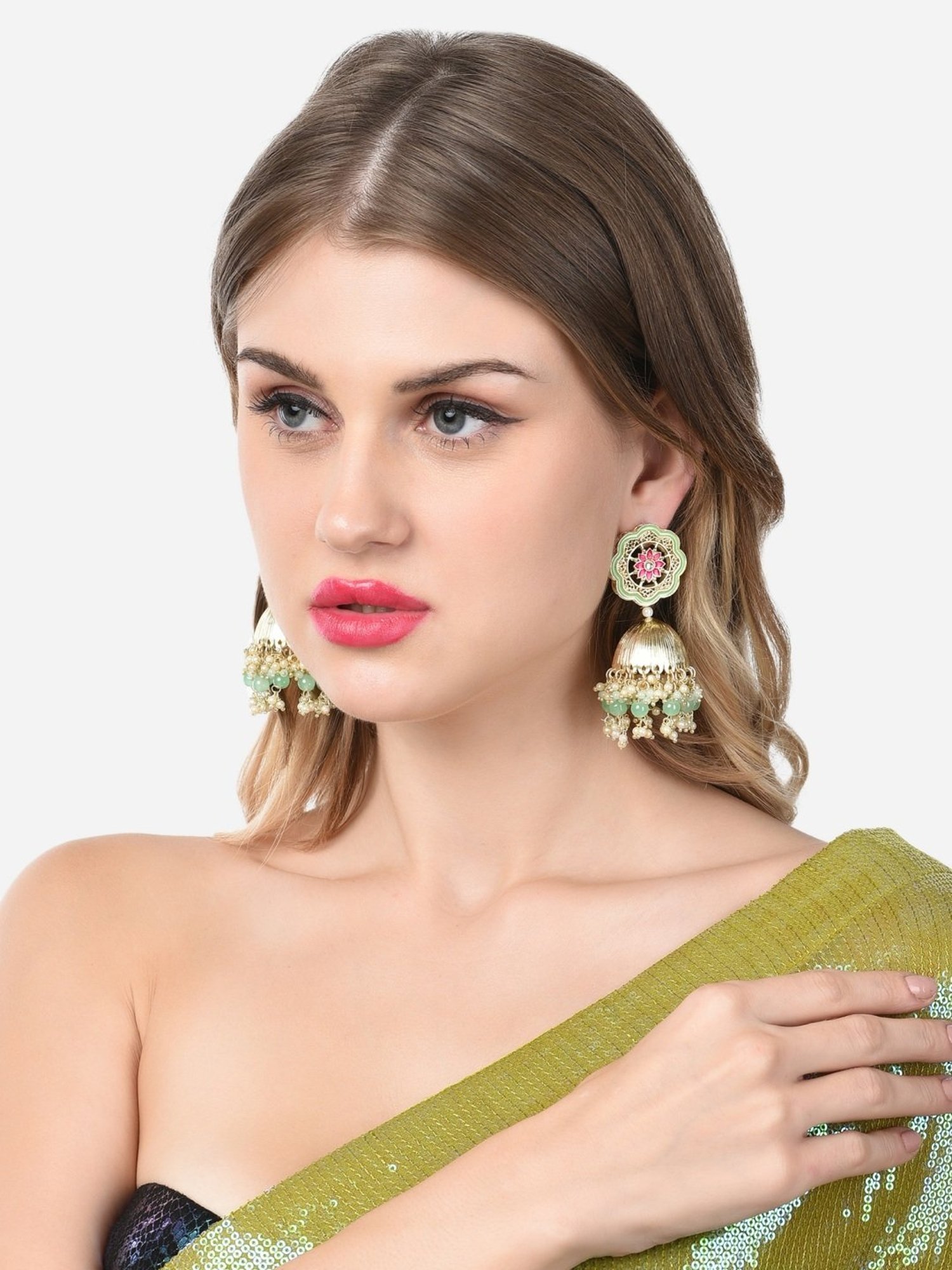 Zaveri Pearls Green & Pink Meenakari Kundan & Cluster Beads Jhumki Earring-ZPFK14715