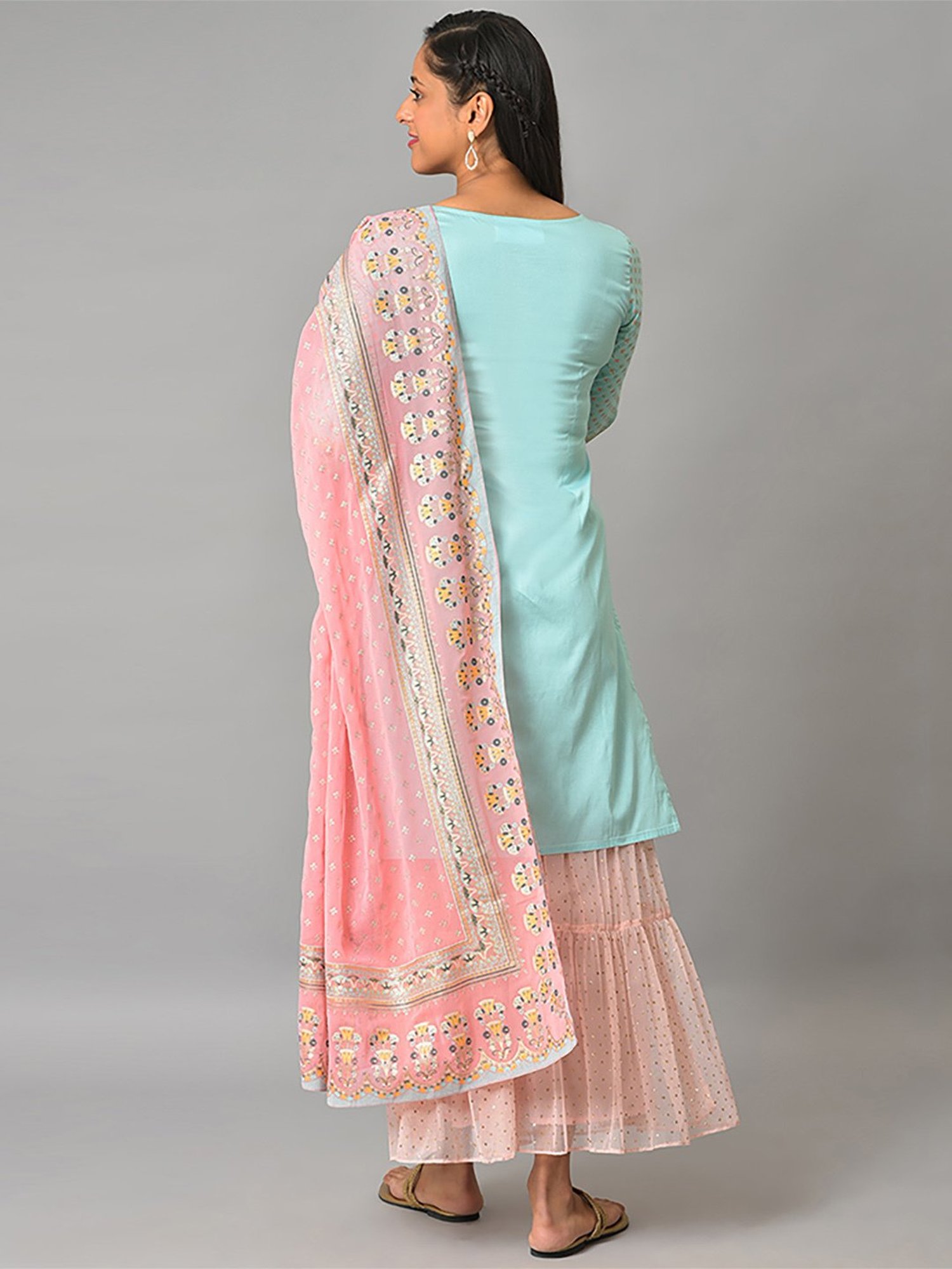 Aurelia Women Blue Floral Print Viscose Kurta Set with Sharara & Dupatta