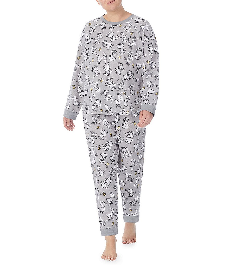 Peanuts Plus Snoopy & Woodstock Printed French Terry Crew Neck Long Sleeve Sleep Top