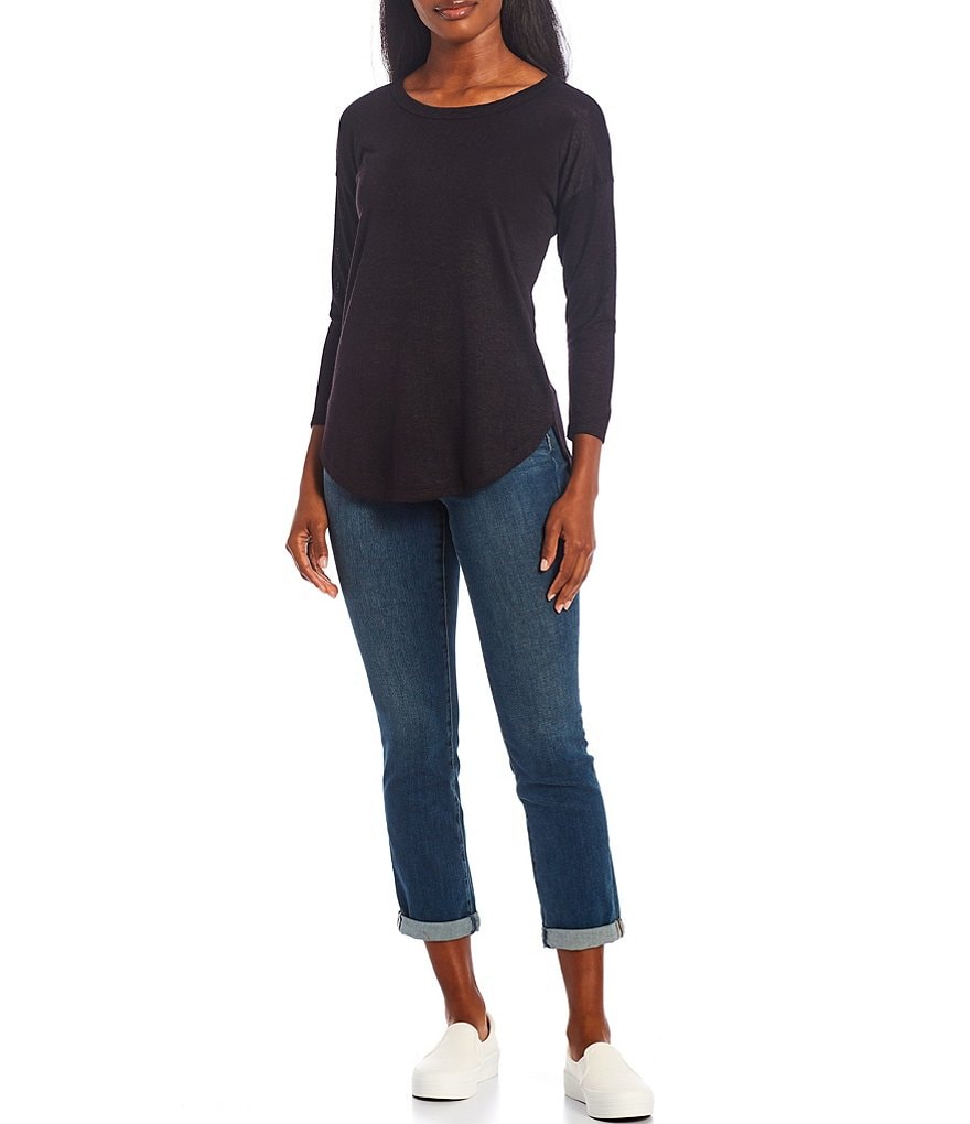 Bobeau Slub Knit Round Neck 3/4 Sleeve Hi-Low Top