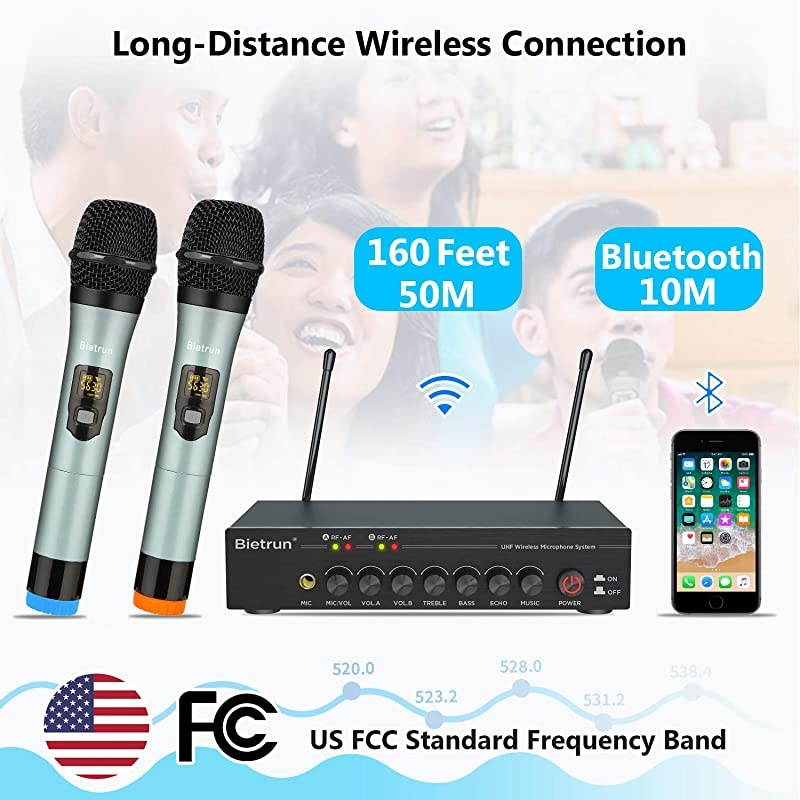 Microphone with Echo Treble BassBluetooth 160 ft Range UHF Metal Dual Handheld Dynamic Mic System 1814Output for Singing Church Karaoke Dj Wedding PABT Speaker