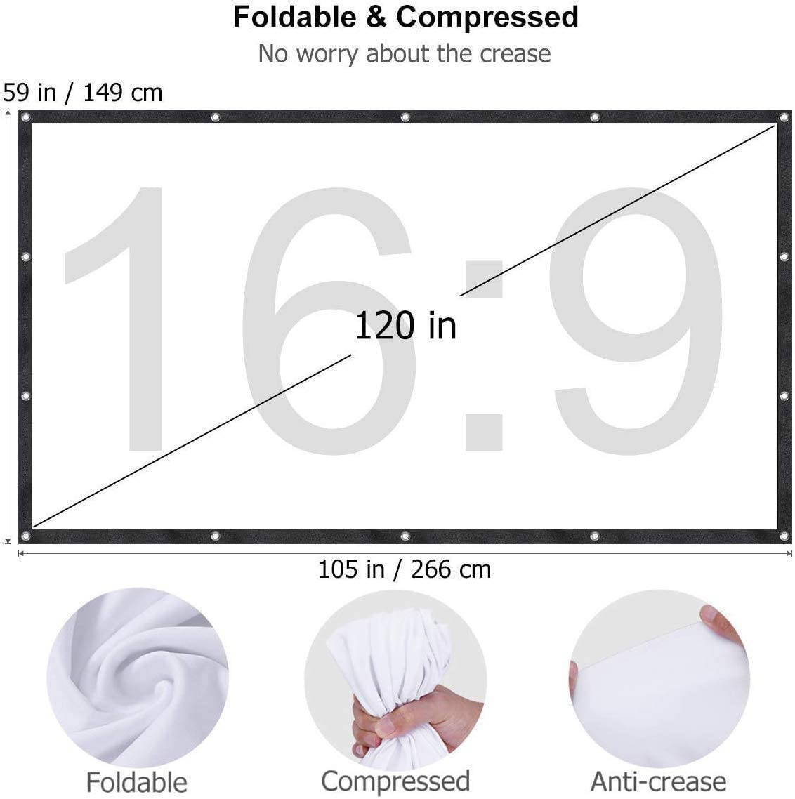 HOMEMAXS Projector Screen 120 Inch,Portable Movie Screen for Outdoor Indoor,4K 16:9 HD Foldable Wrinkle-Free Projection Screen(1.1 GAIN,160&deg;Viewing),Support Front Rear Projection