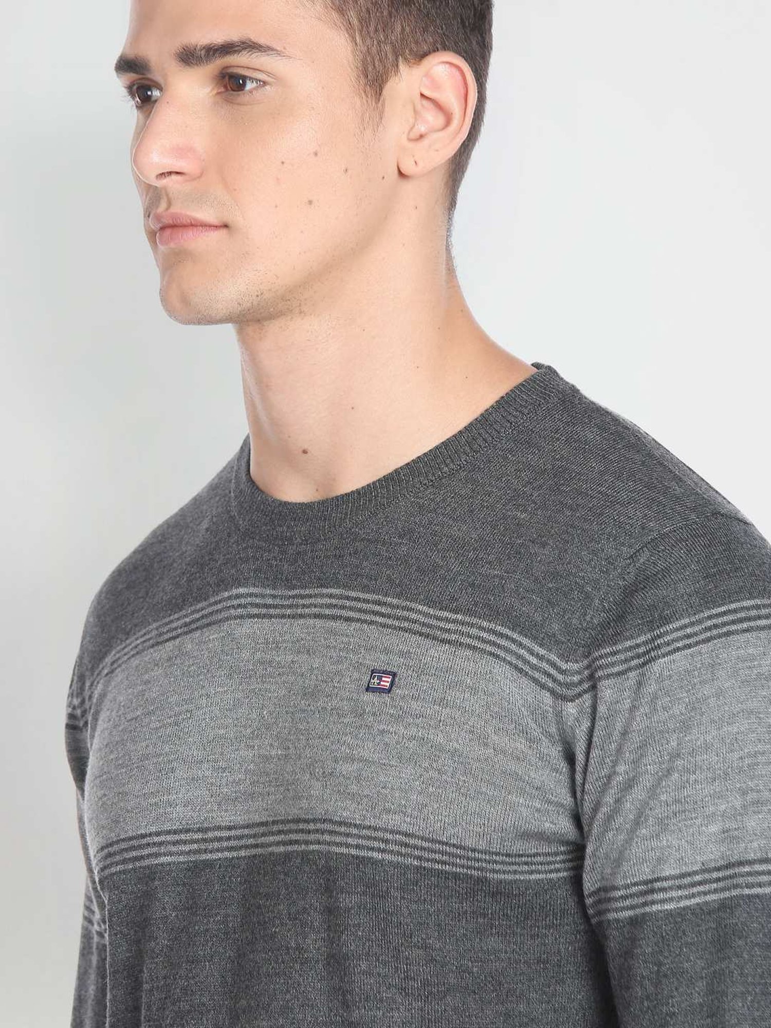 Arrow Sport Grey Regular Fit Striped Sweater