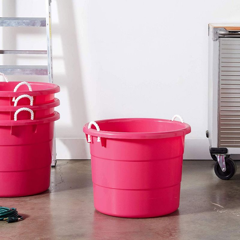 Homz 0402PKDC Stackable Plastic 18 Gallon Utility Storage Container Bucket Tubs with Rope Handles, Pink, Set of 2 Buckets