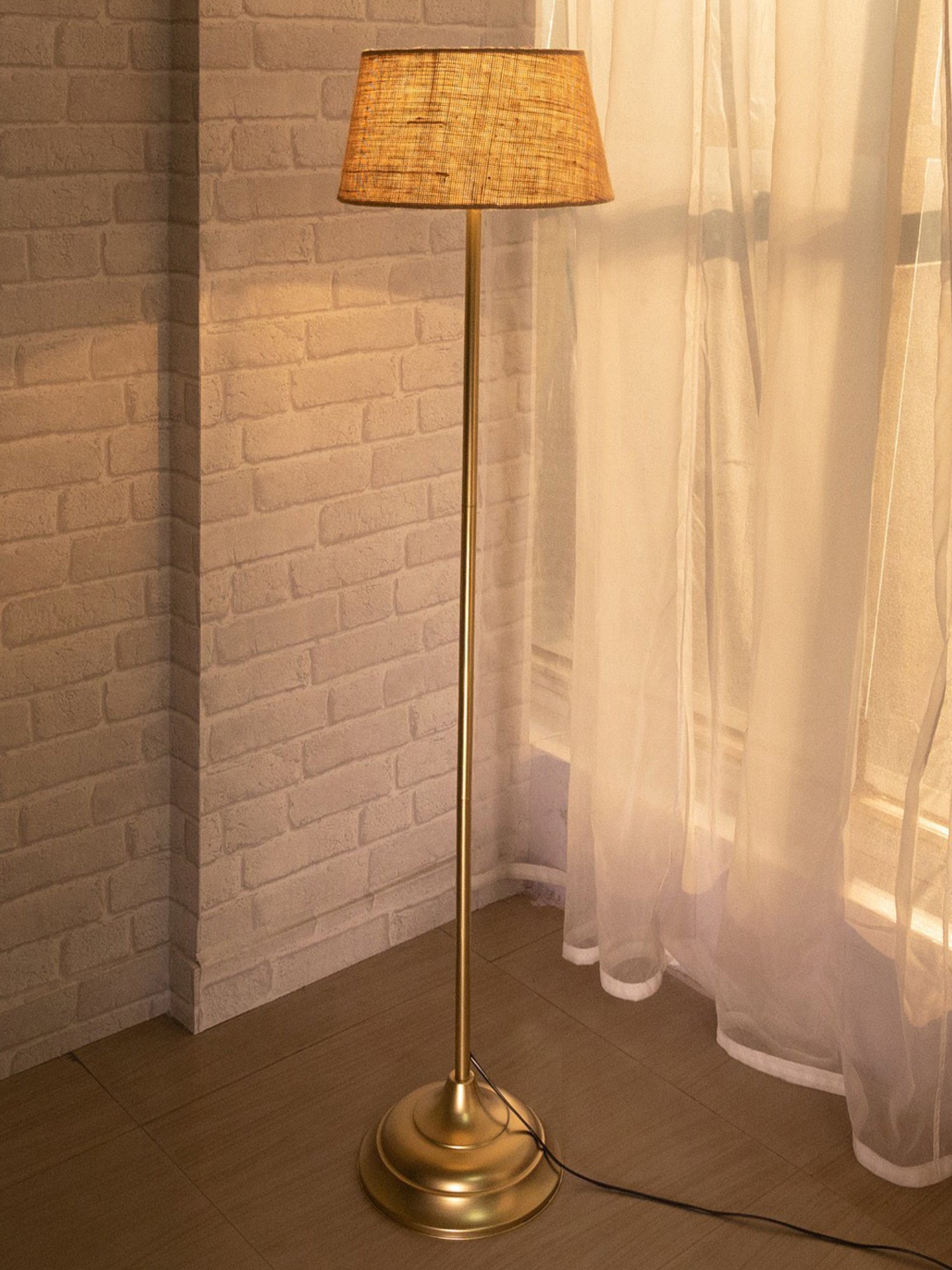 Homesake Beige & Golden Metal Standing Floor Lamp with Bulb and Floor Switch (Iron Legs)