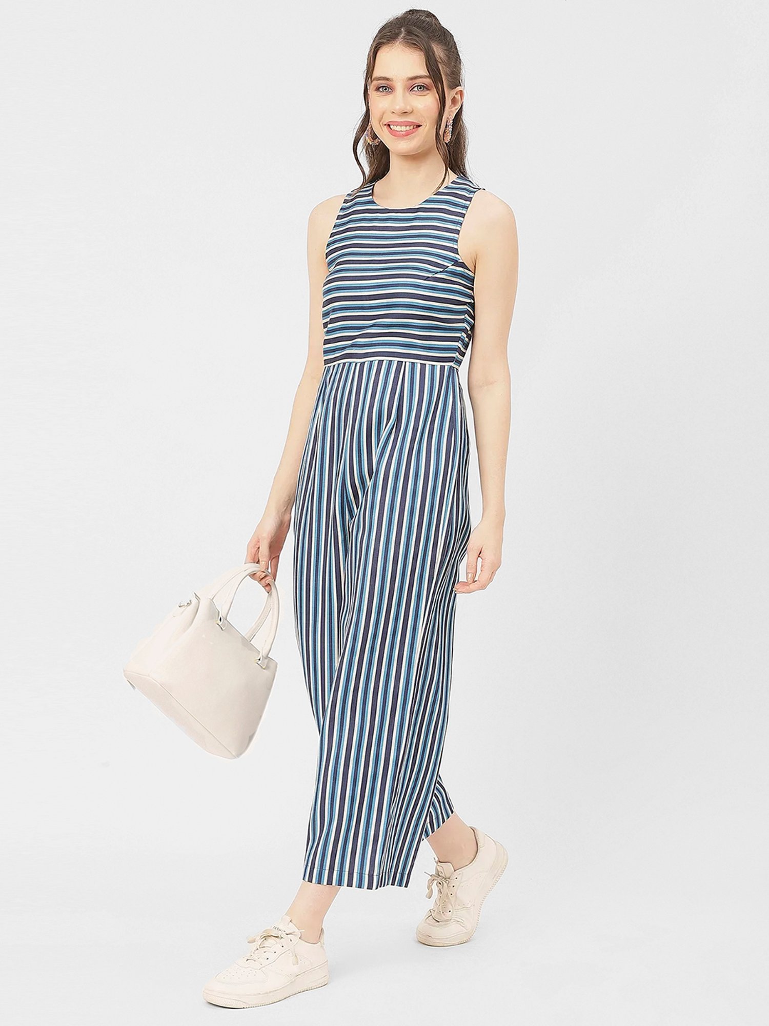 Moomaya Blue Cotton Blend Striped Jumpsuit