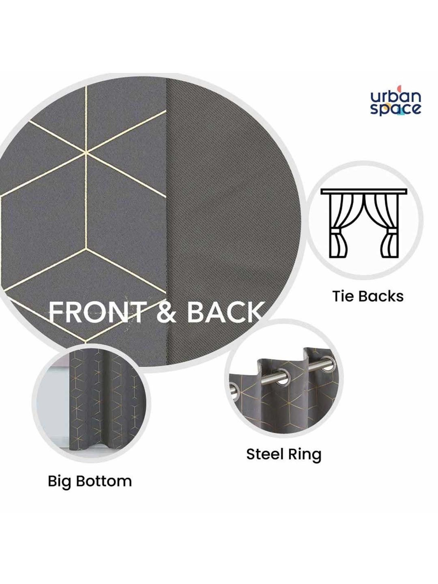 Urban Space Grey Polyester Window Curtain With Tieback & Eyelet