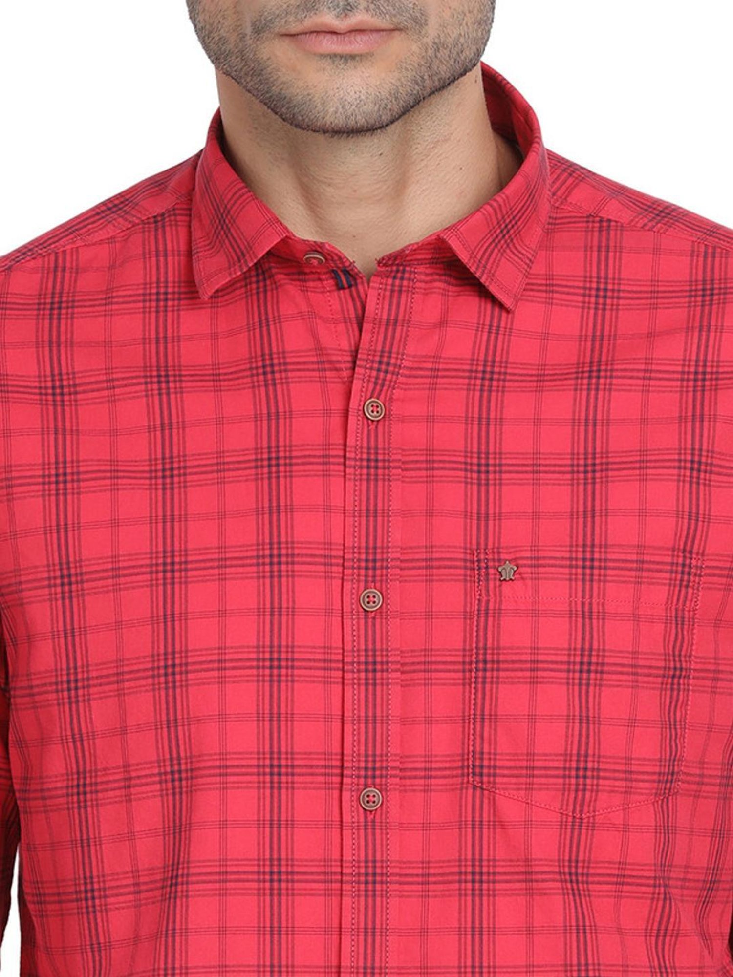 Turtle Red Cotton Slim Fit Checks Shirts