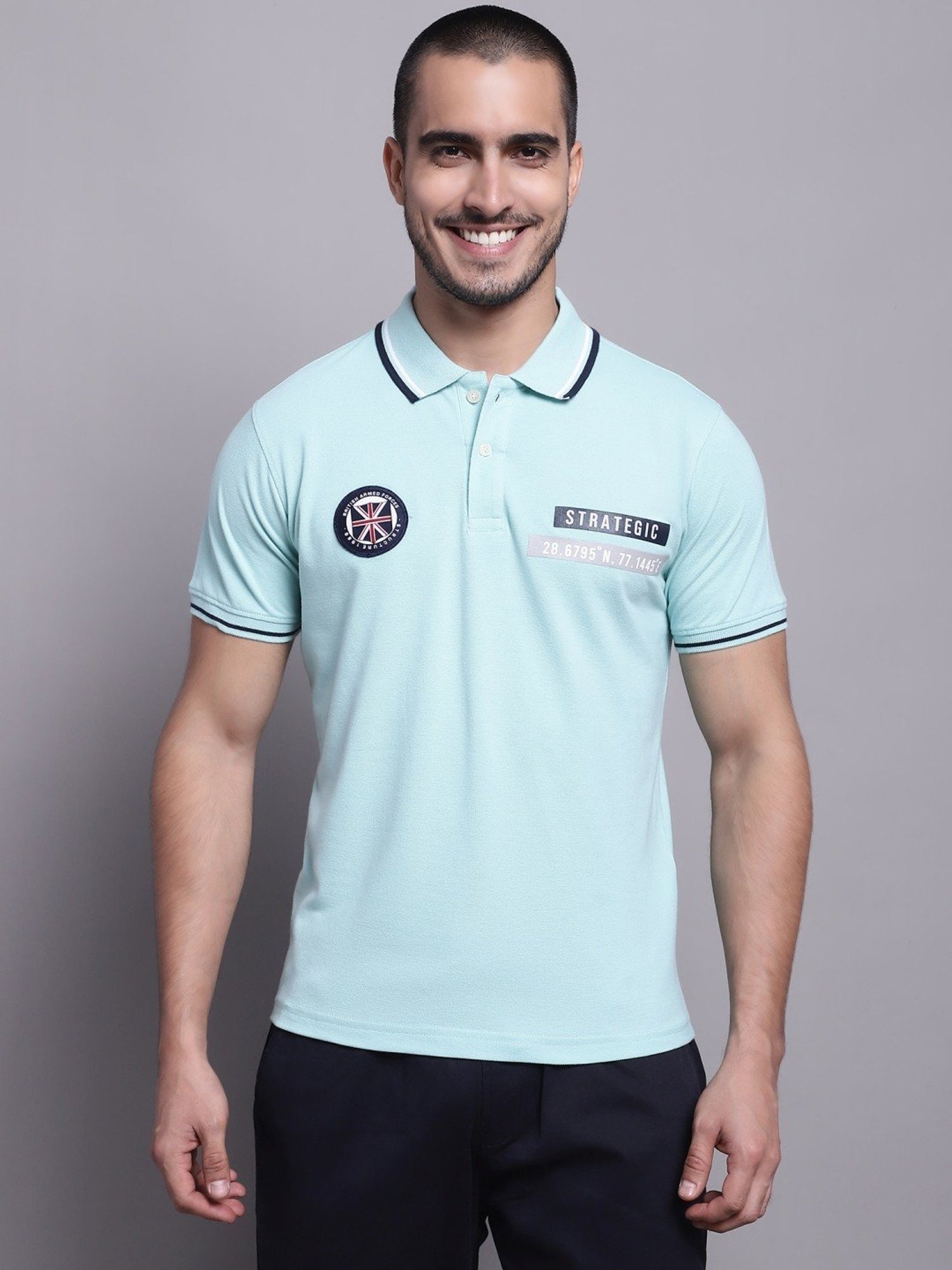 Cantabil Light Teal Regular Fit Printed Polo T-Shirt