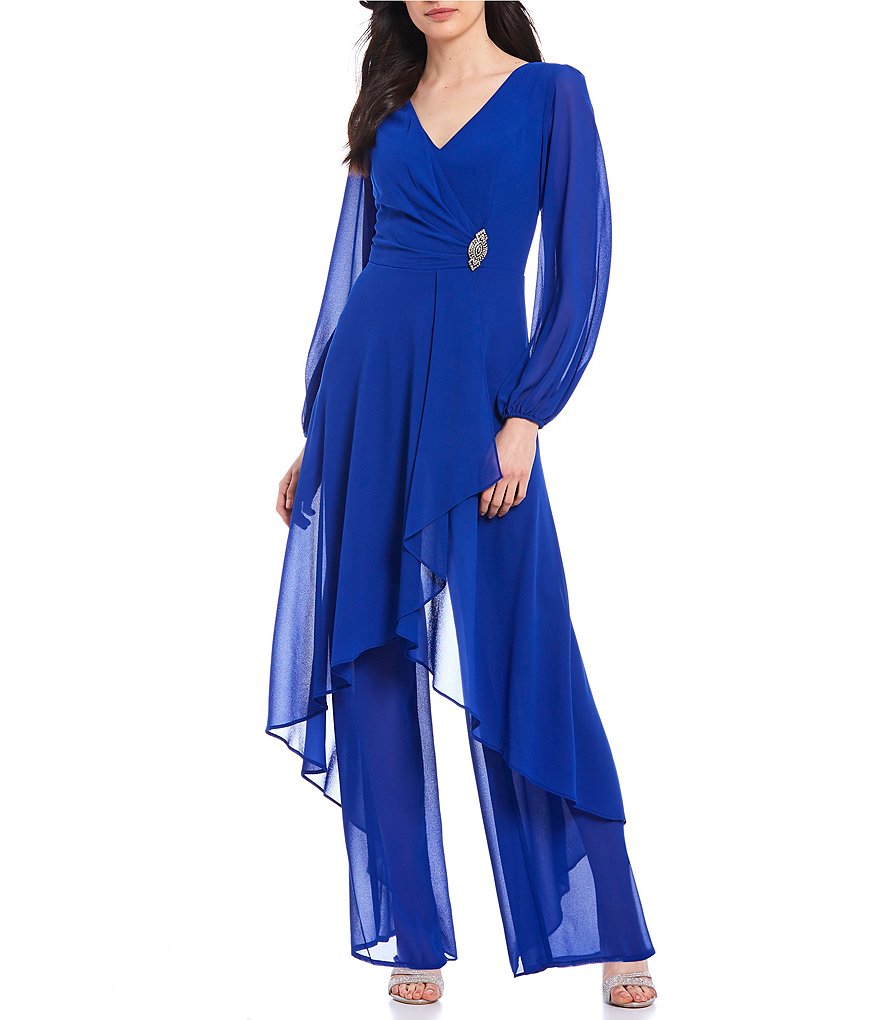 Marina Chiffon Overlay Long Sleeve V-Neck Jumpsuit