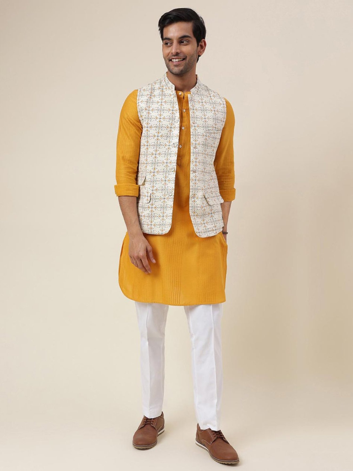 FabBasics by Fabindia Off White Slim Fit Printed Nehru Jacket
