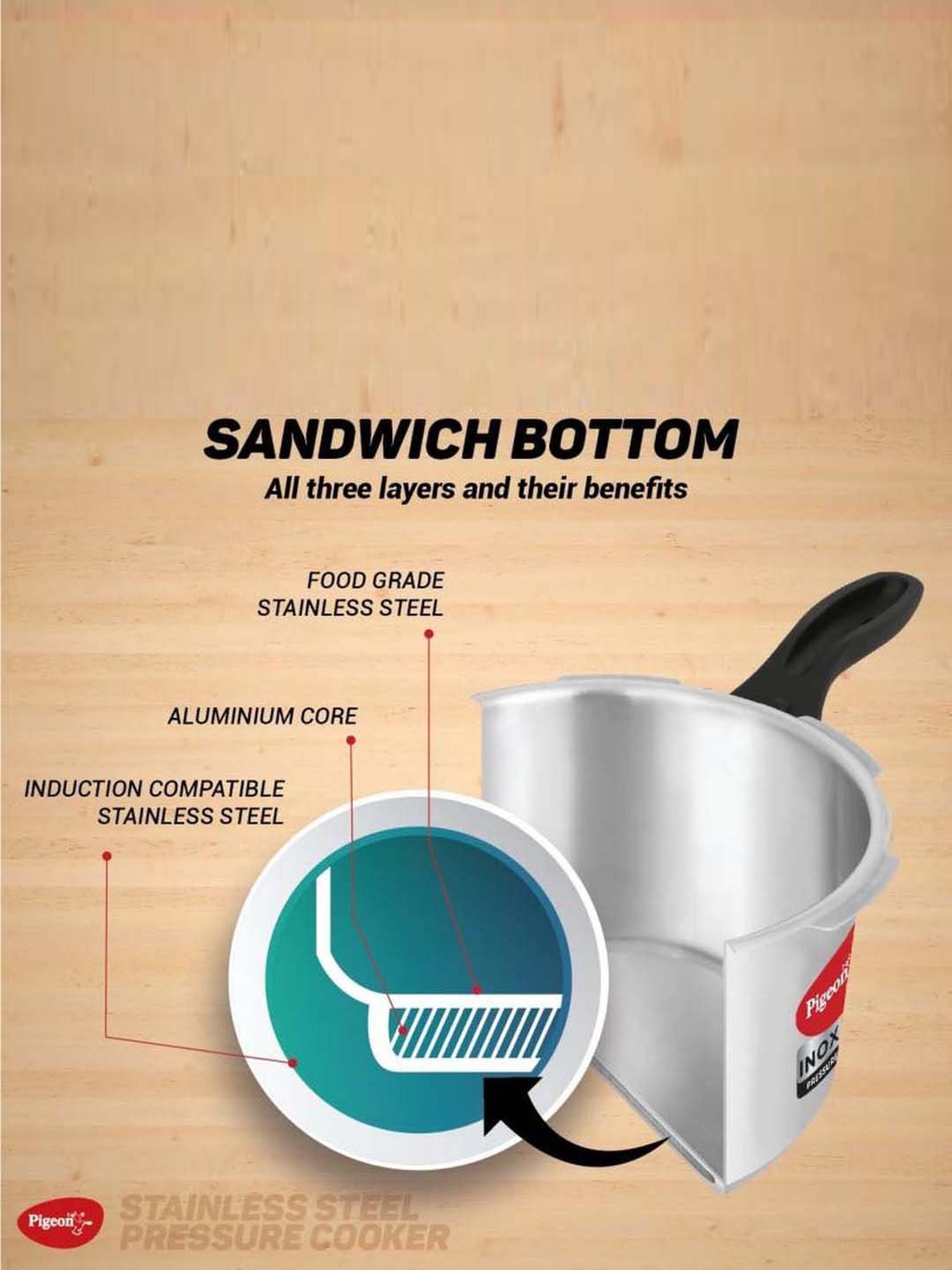 Pigeon Silver & Black Stainless Steel Induction Friendly Pressure Cooker (3 L) - Set of 1