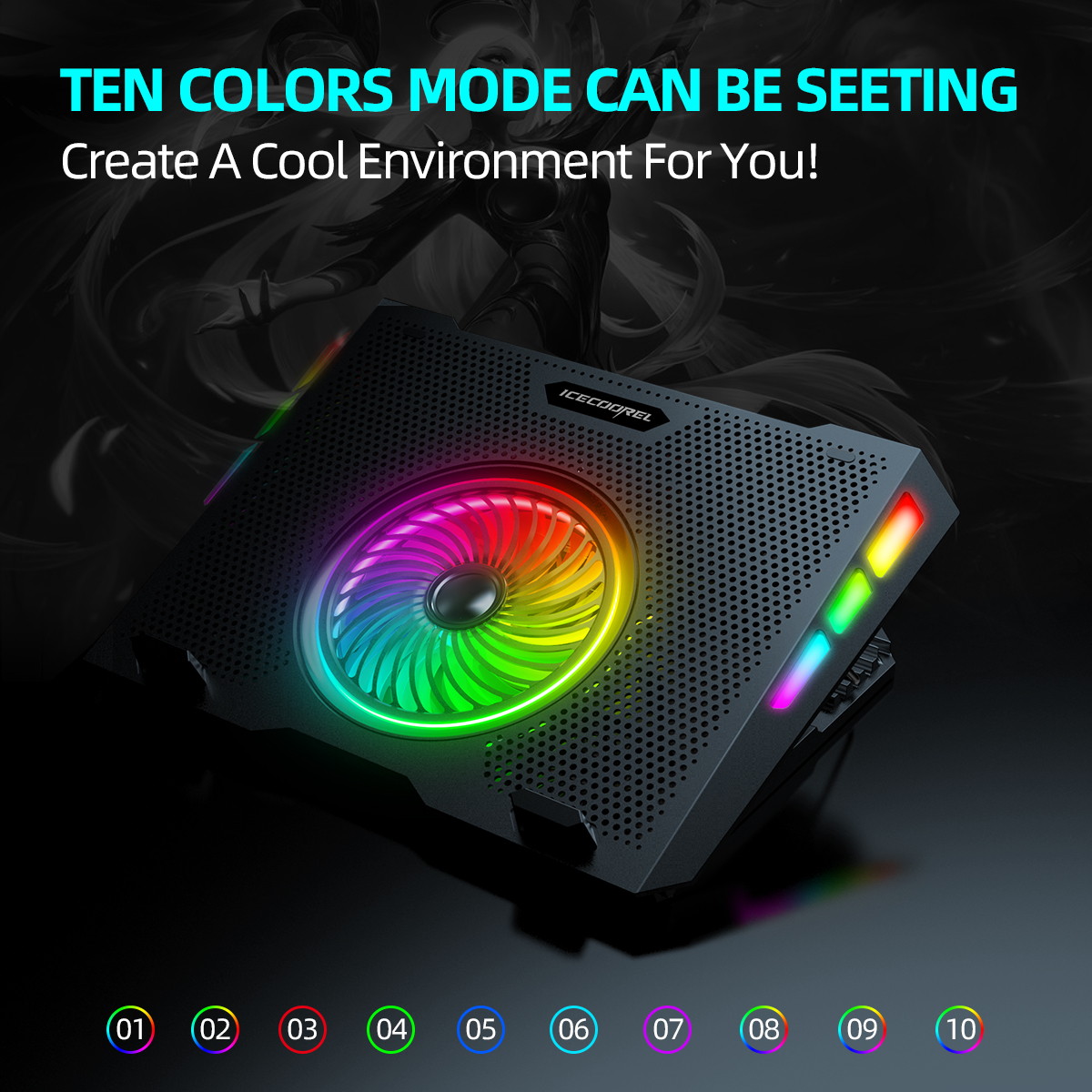 ICE COOREL RGB Laptop Cooling Pad 15-17.3", Gaming Laptop Cooler Pad with 5 Quiet Fans, Laptop Cooling Stand with 5 Height Adjustable, Cooling Fan for Laptop Two USB Ports, The Wind Speed Adjustable
