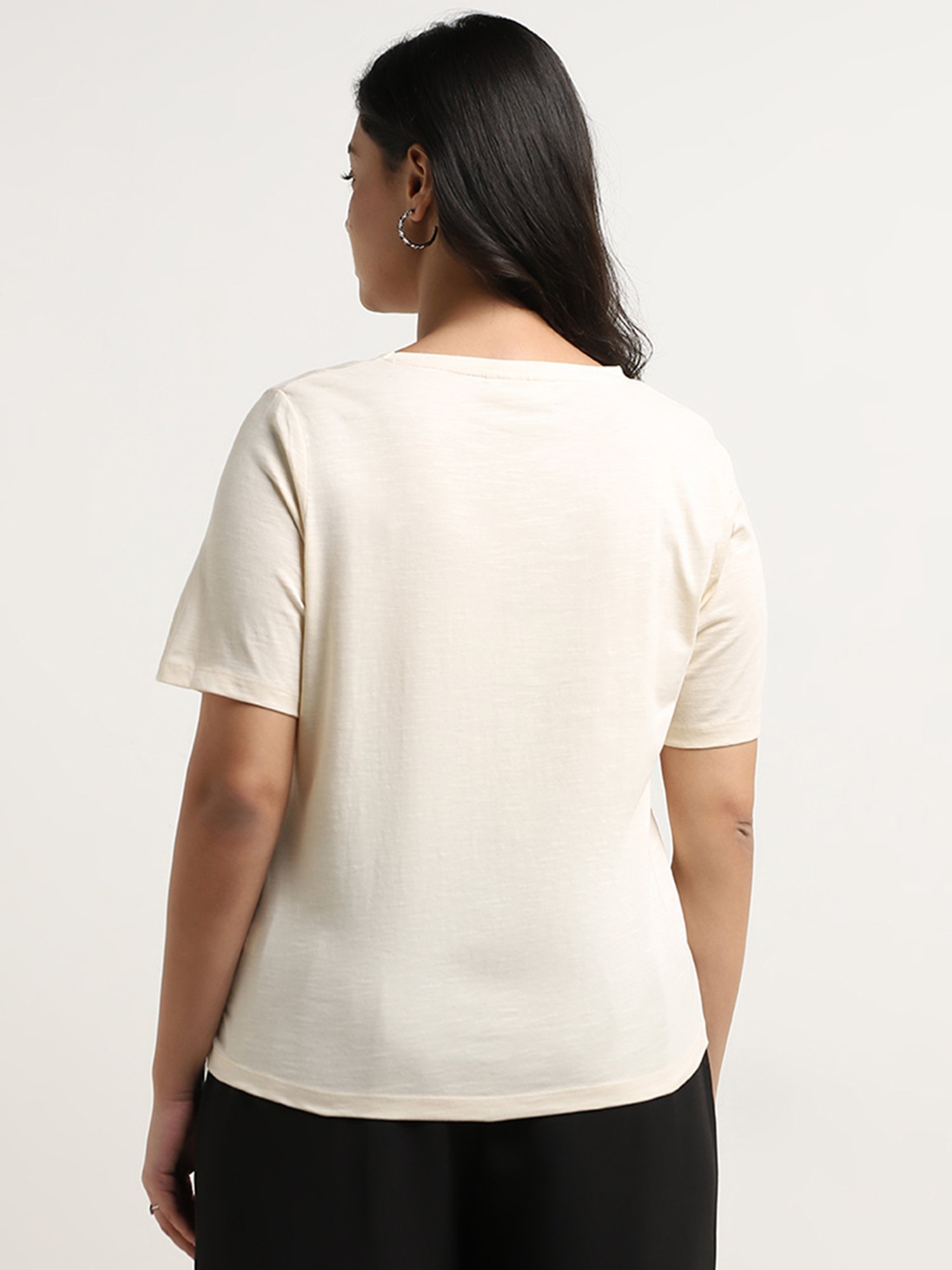 Gia by Westside Cream Floral Embroidered Cotton T-Shirt