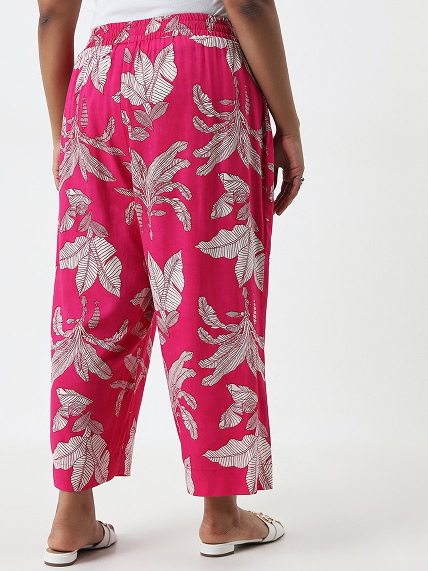 Diza by Westside Magenta Foliage Printed High-Rise Cotton Ethnic Pants