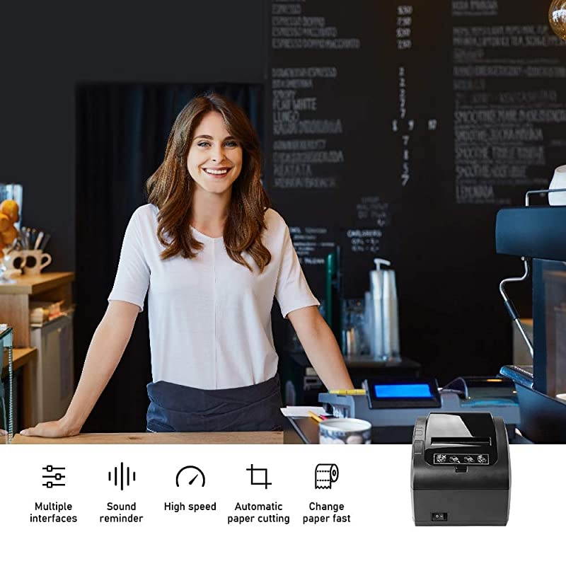 POS Printer, Receipt Printer USB Ethernet 80MM Thermal Printer P047, Impresora termica, Black Supermarket POS Kitchen Printer with Auto Cutter Support Cash Drawer ESC/POS Windows System