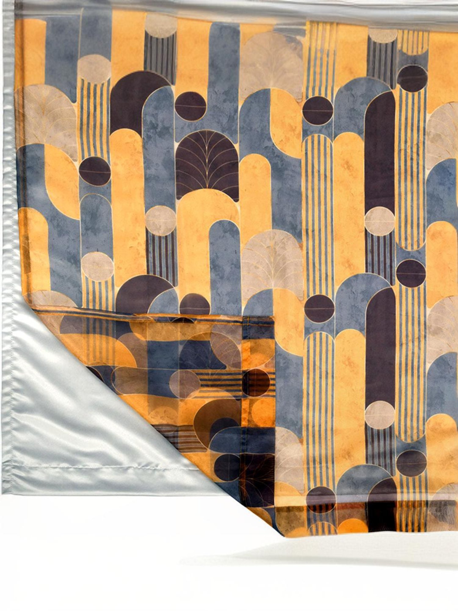 Swayam Cream & Blue Printed Faux Silk Door Curtains - Set of 2