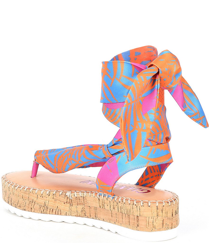 Gianni Bini Turnie Tiki Palm Print Satin Scarf Ankle Wrap Flatform Sandals