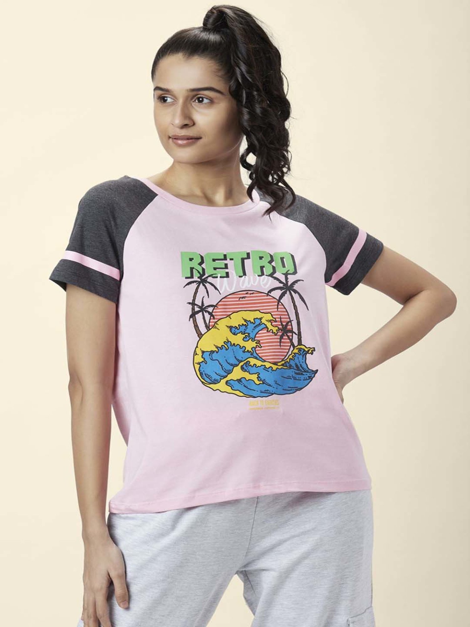 Ajile by Pantaloons Pink & Grey Cotton Graphic Print Sports T-Shirt