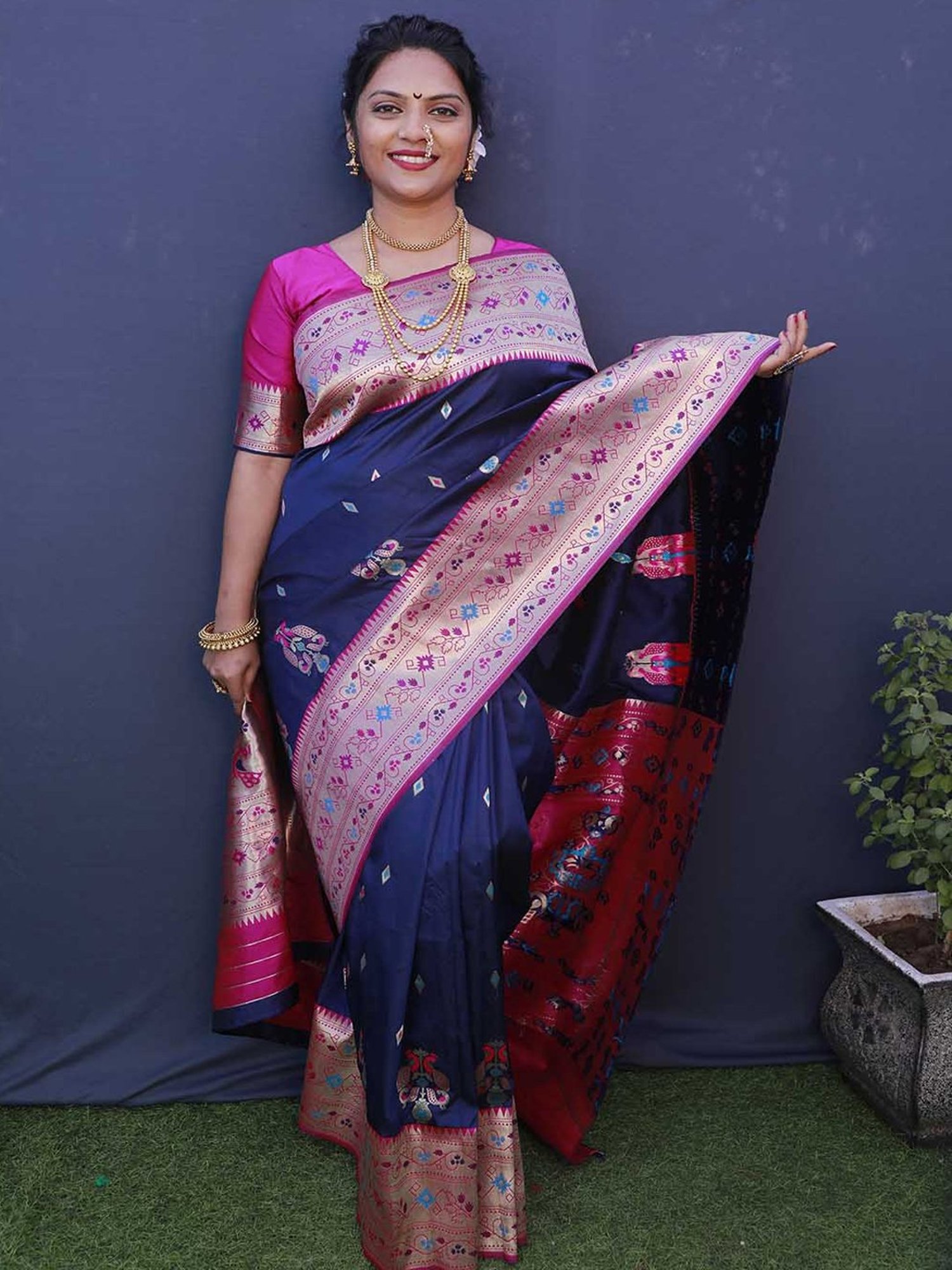 SHUBHKALA Blue Silk Woven Saree With Unstitched Blouse