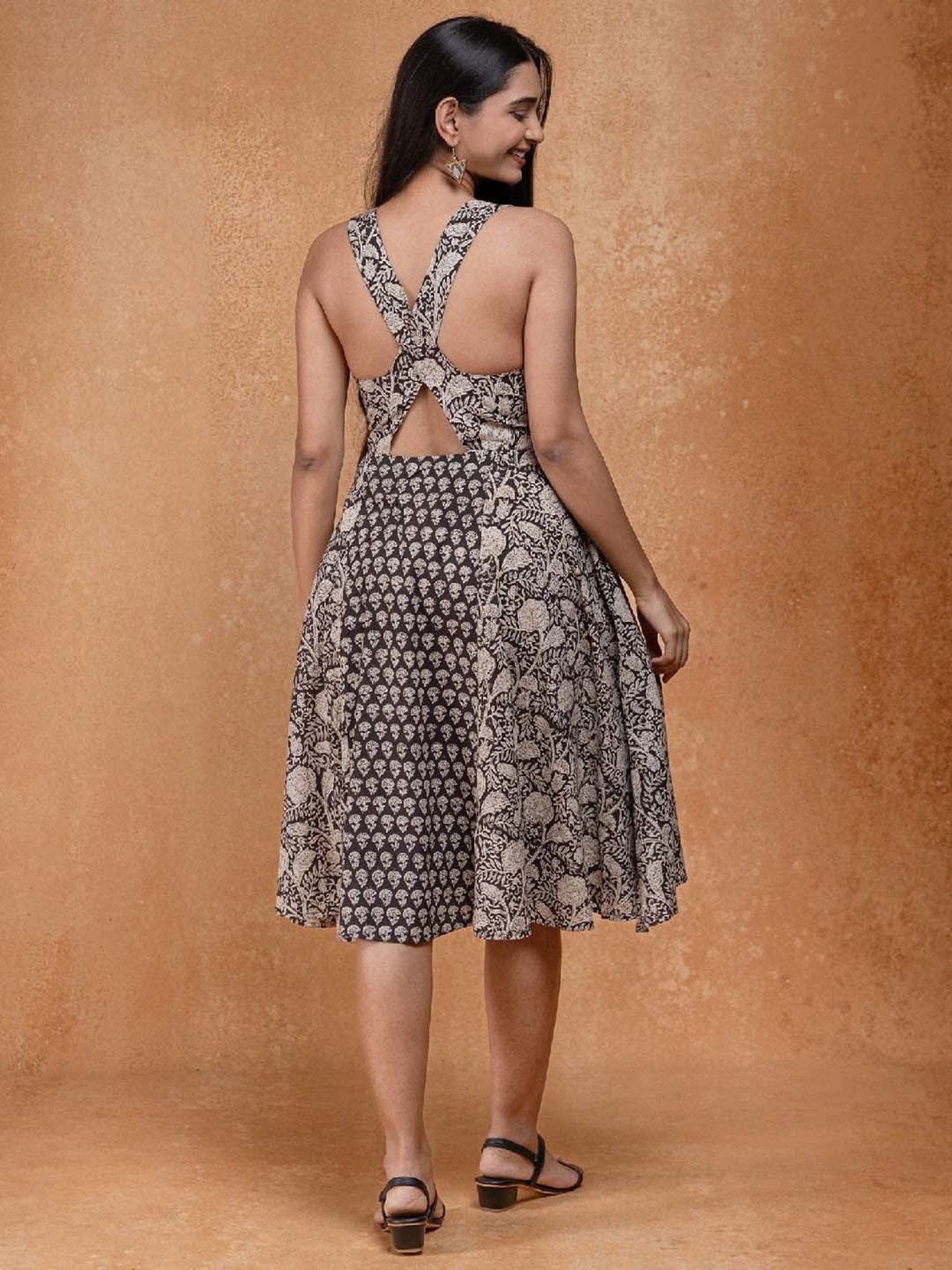 Okhai Black Floral Print Pure Cotton Ethnic Dress