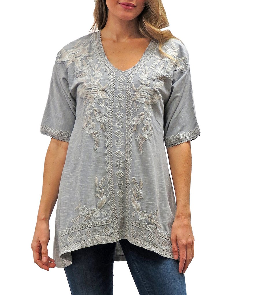 Karyn Seo Athena Tonal Embroidered Elbow Sleeve Tunic