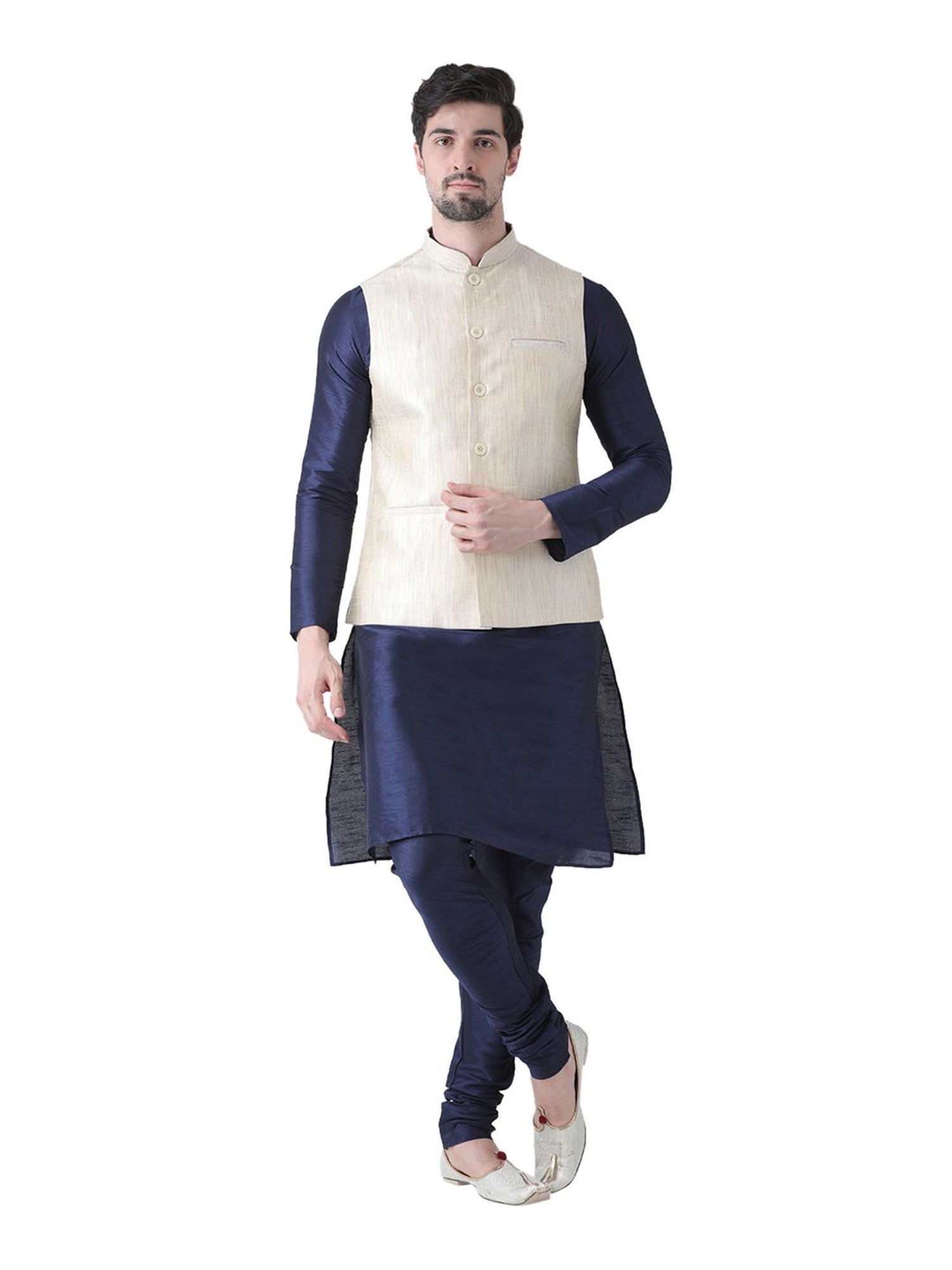 Deyann Off White & Navy Silk Suit