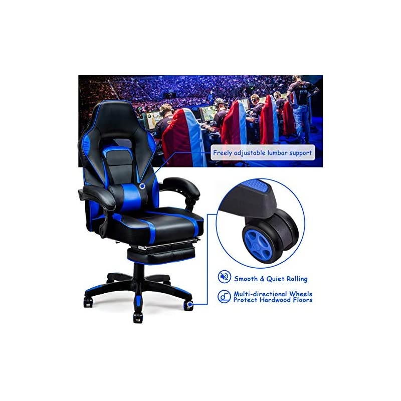 Ergonomic Gaming Chair, Executive Computer Office Chair with USB Massage Lumbar Cushion and Retractable Footrest, High Back Swivel Chair with Backrest and Height Adjustable (Blue)