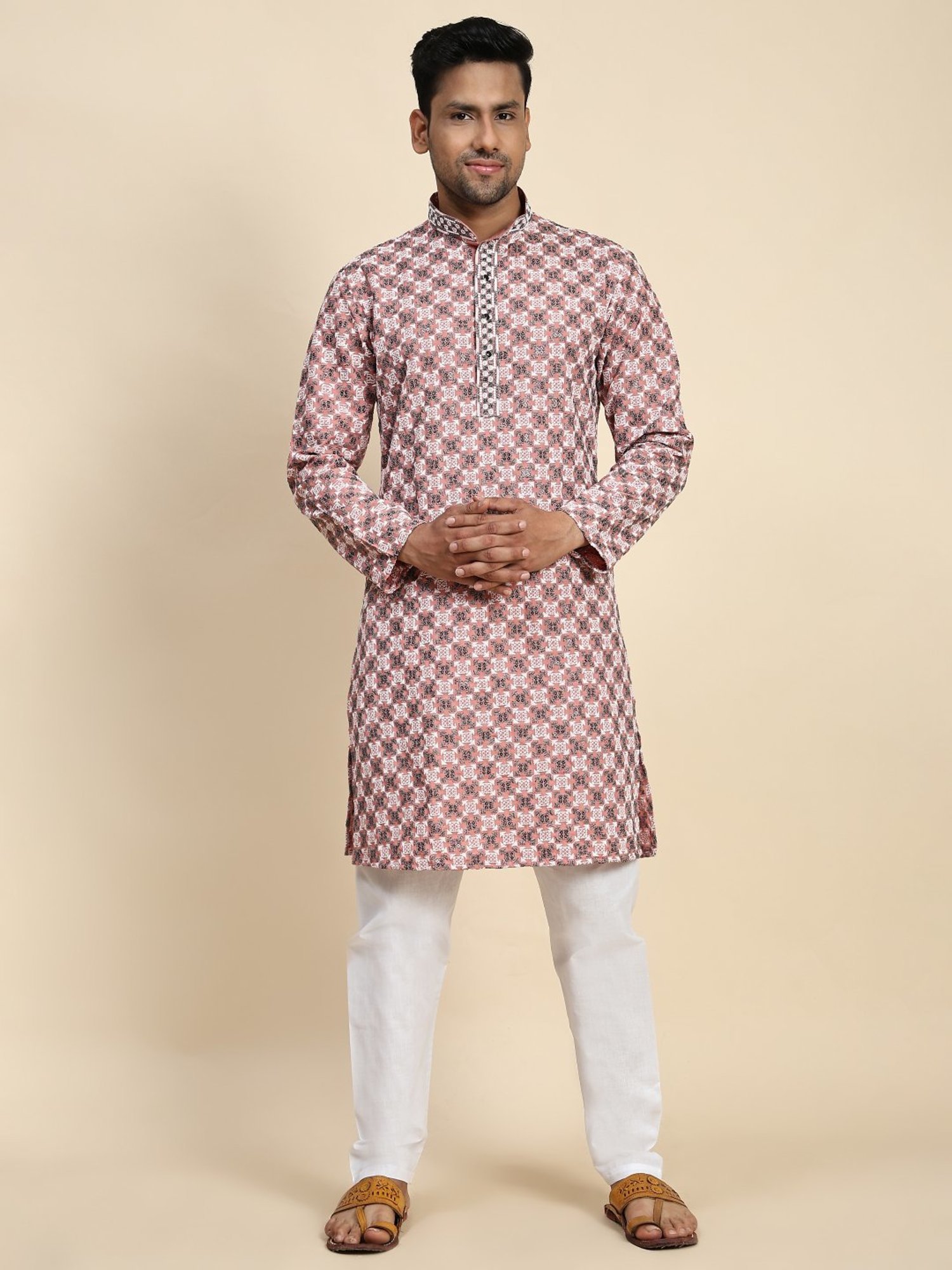 Pro-Ethic Style Developer Peach & White Cotton Regular Fit Embellished Kurta Bottom Set