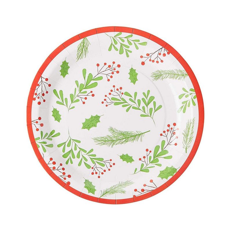 Disposable Plates - 80-Count Paper Plates, Christmas Holiday Party Supplies for Appetizer, Lunch, Dinner, Dessert, Holly Berry and Leaves, White, 9"